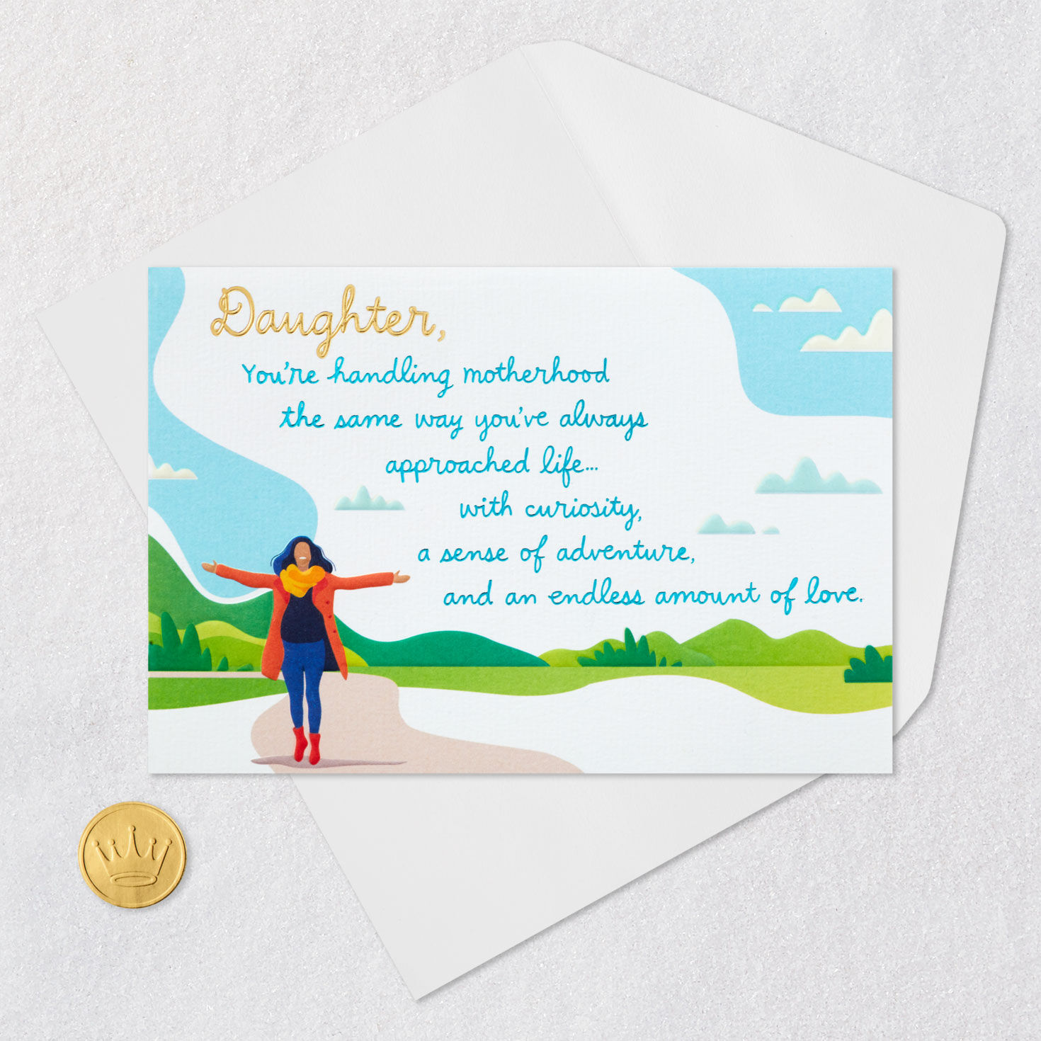 Woman on Trail Daughter Mother's Day Card Card Front with Envelope and Gold Seal image number 5