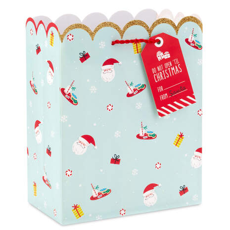 9.6" Santa Faces on Mint Medium Christmas Gift Bag, , large