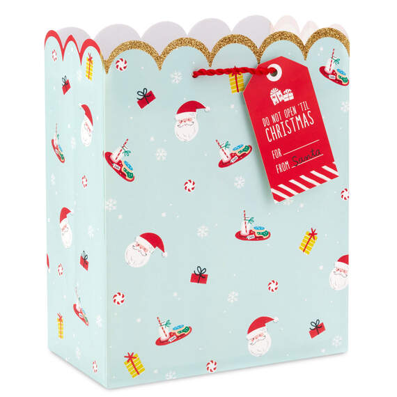 9.6" Santa Faces on Mint Medium Christmas Gift Bag