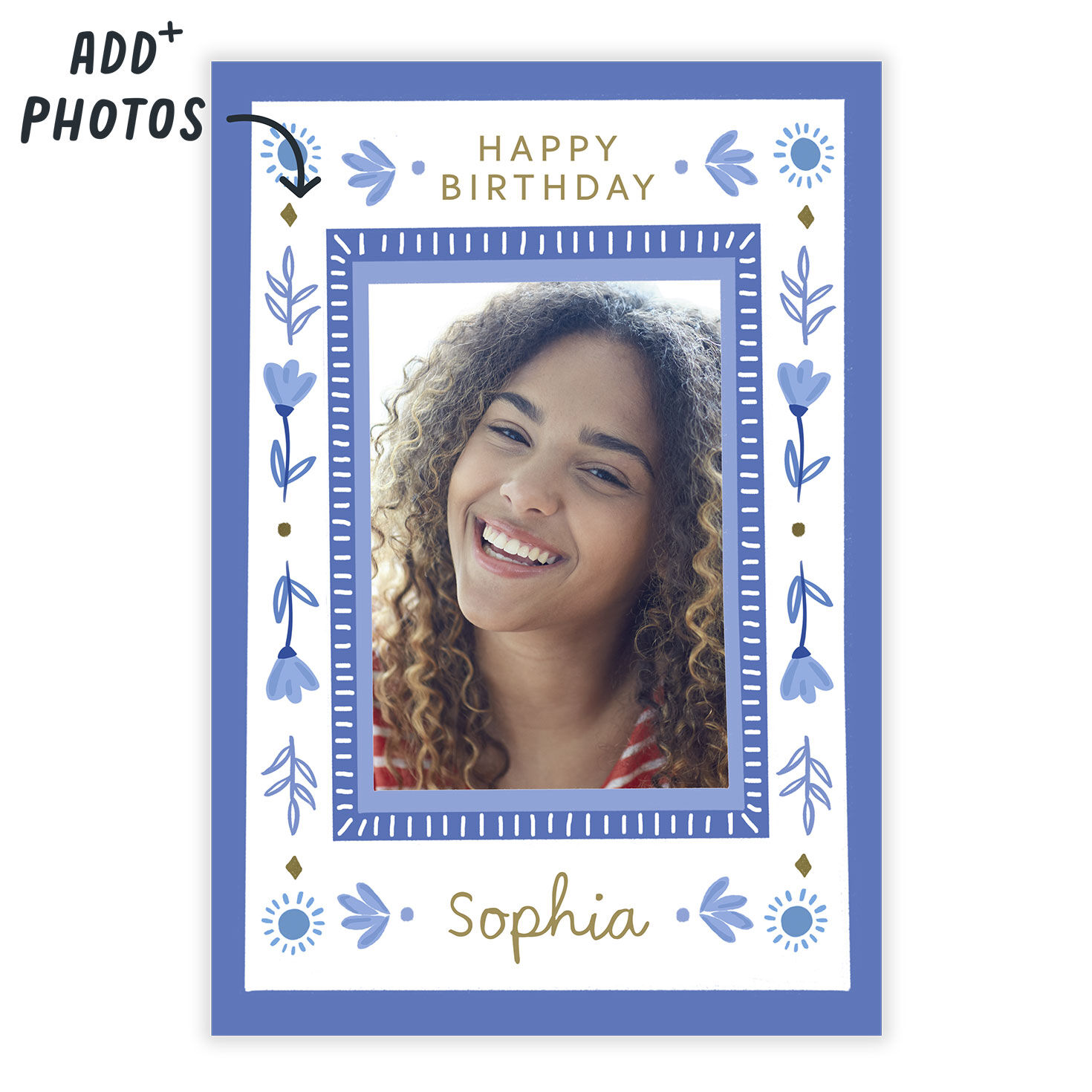 Blue Flower Drawings Personalized Birthday Card Card Front indicating personalization image number 2