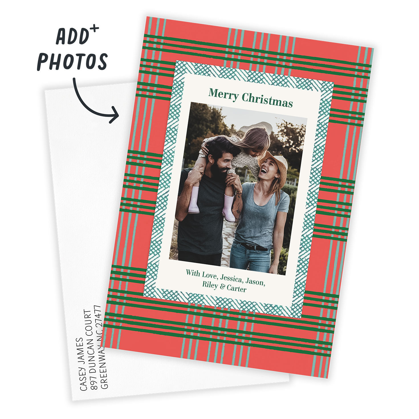 Red Green Blue Plaid Personalized Christmas Photo Card Card with Envelope indicating personalization image number 2