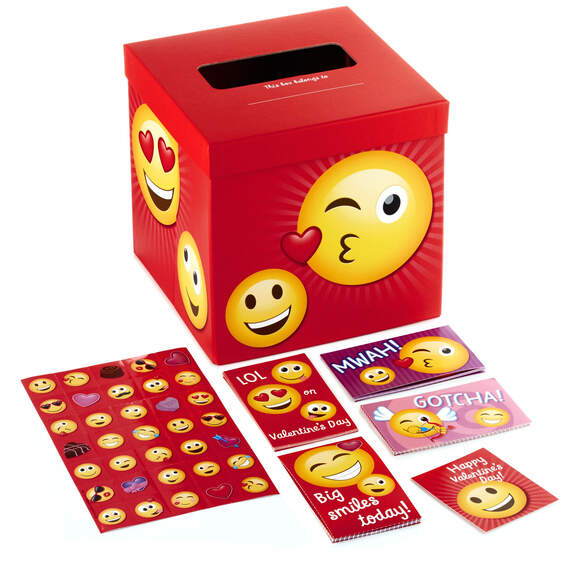 Heart-y Emojis Kids Classroom Valentines Set With Cards, Stickers and Mailbox
