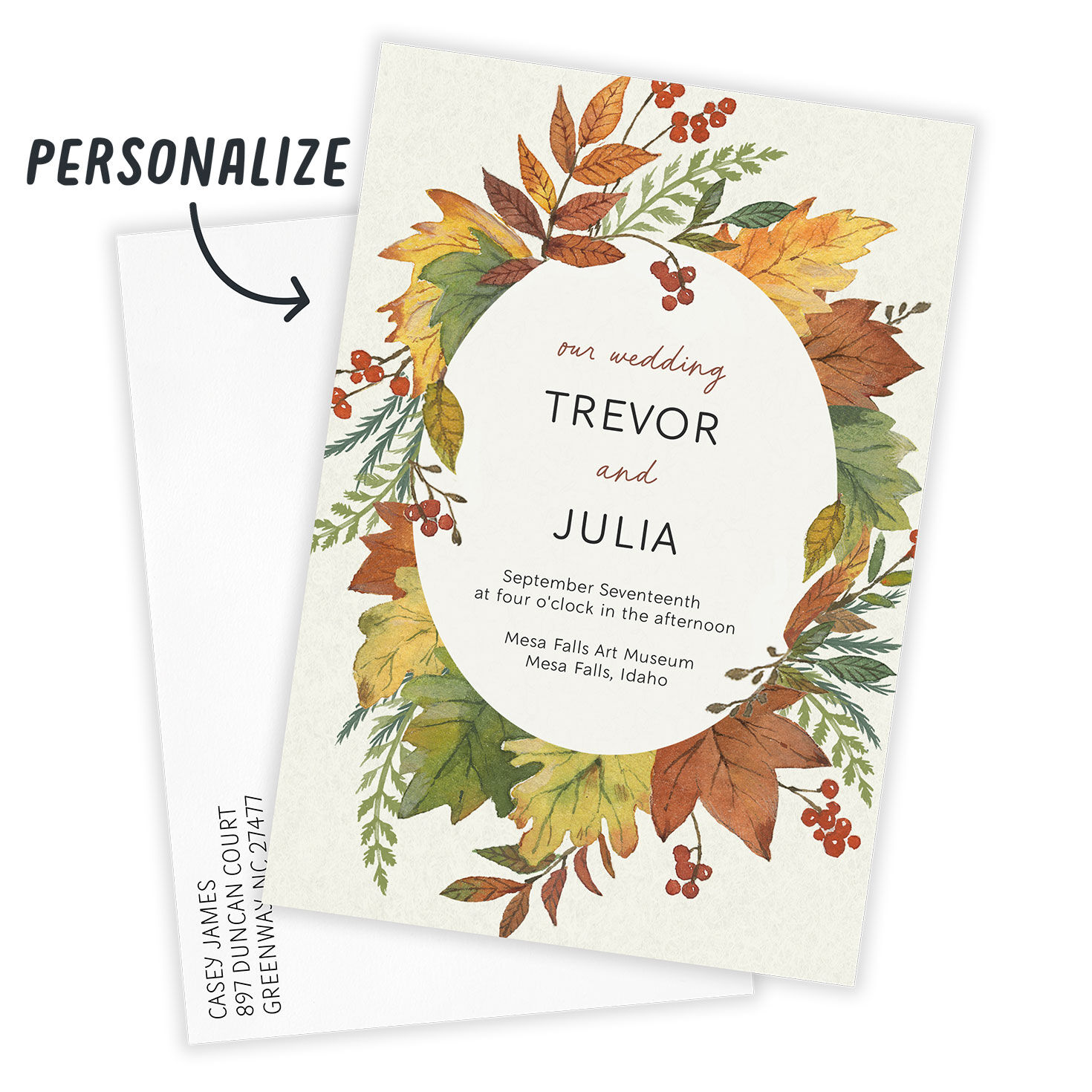 Autumn Leaves Wreath Personalized Wedding Invitation Card Front indicating personalization image number 2