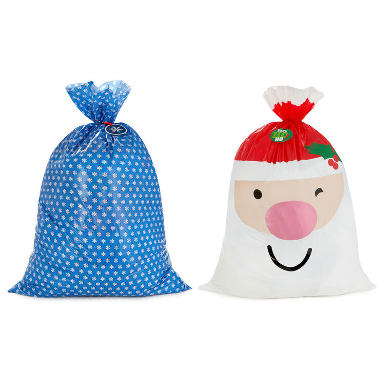 56" Snowflakes and Santa Face 2-Pack Giant Plastic Christmas Gift Bags