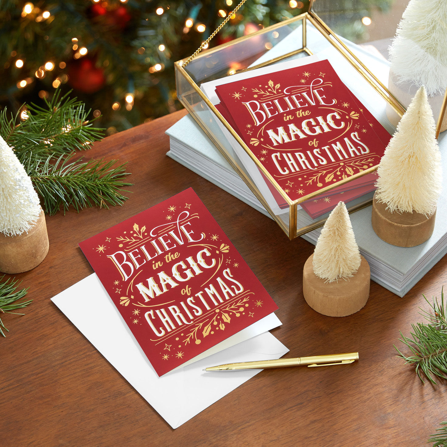 Gold and White on Red Boxed Christmas Cards in use image number 6