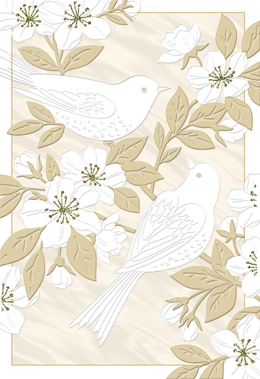 White Birds on Gold Branches Blank Anniversary Card