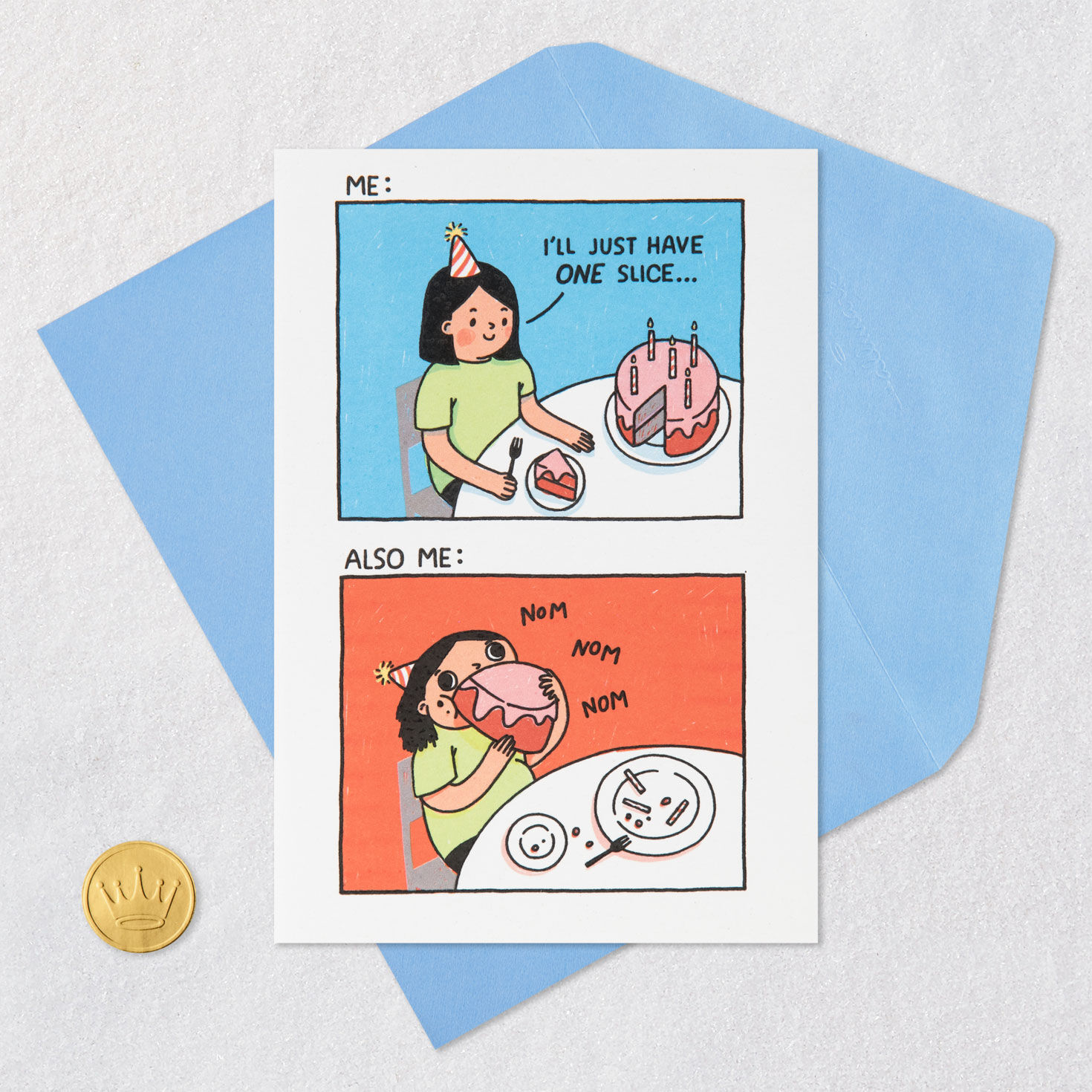 Woman Eating Whole Cake Funny Birthday Card for Her Card Front with Envelope and Gold Seal image number 5