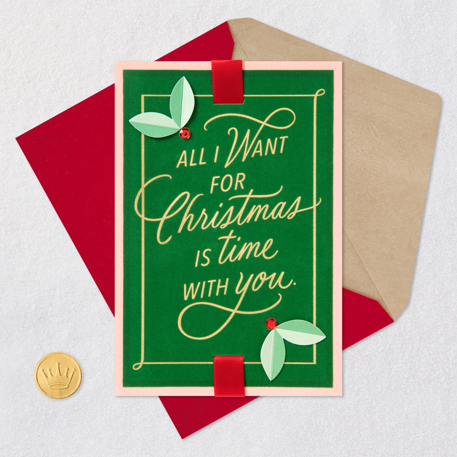 Gold Foil and Greenery Love Christmas Card Card Front with Envelope and Gold Seal image number 6