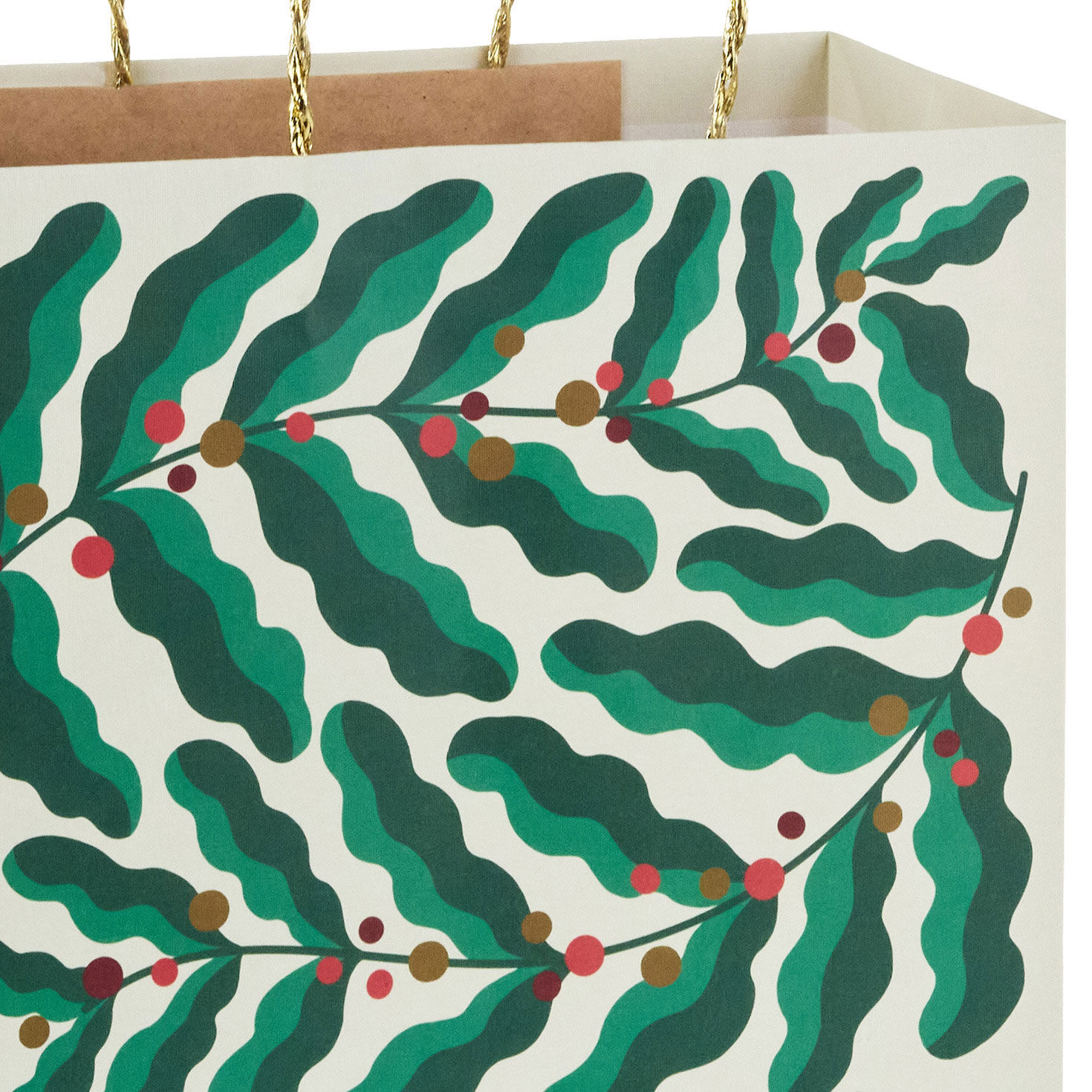 Modern Green Holly Leaves Large Holiday Gift Bag Handle Detail image number 4