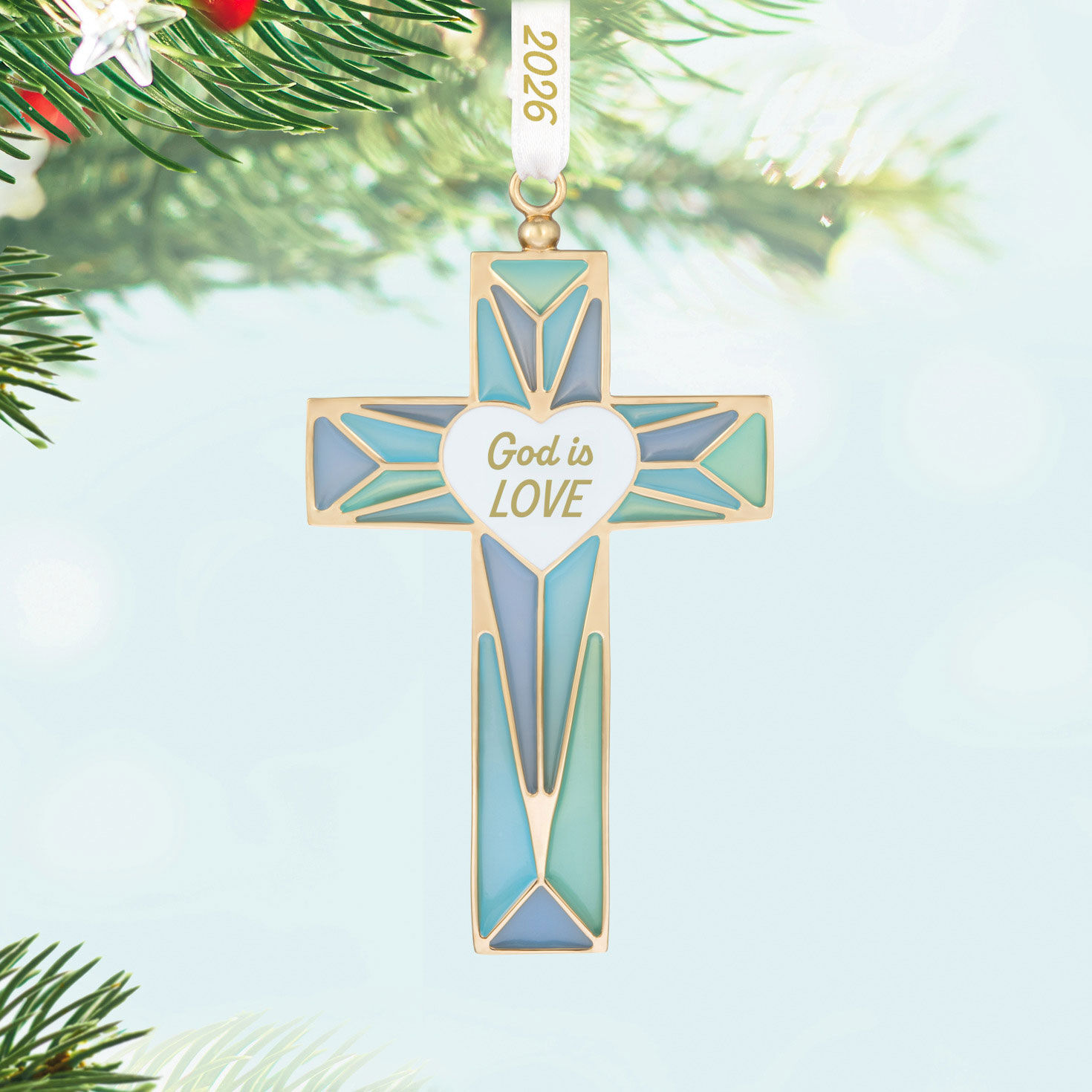 Stained Glass Cross Keepsake Ornament Hanging on tree image number 2