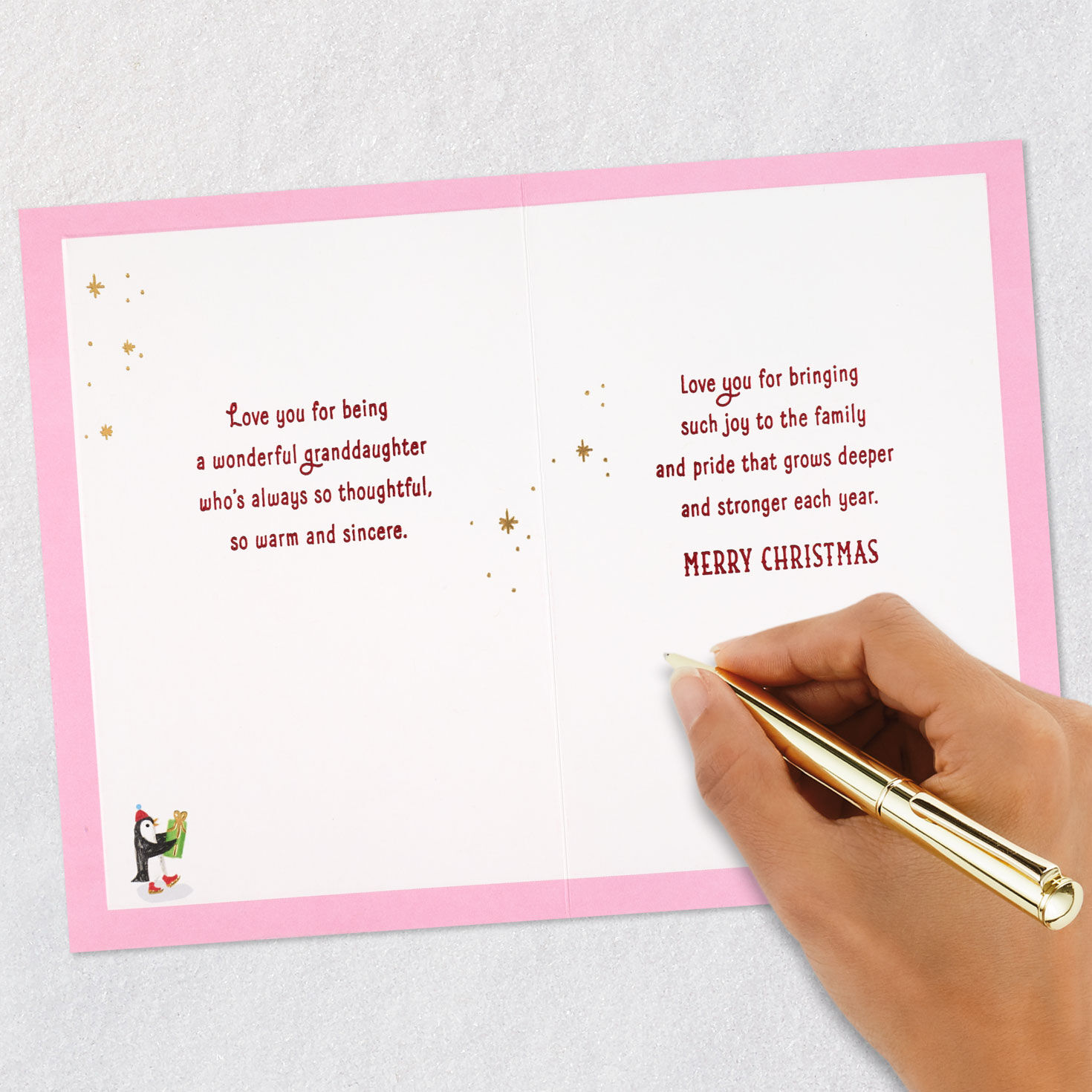 Penguins on Pink Christmas Card for Granddaughter Signing Card image number 8