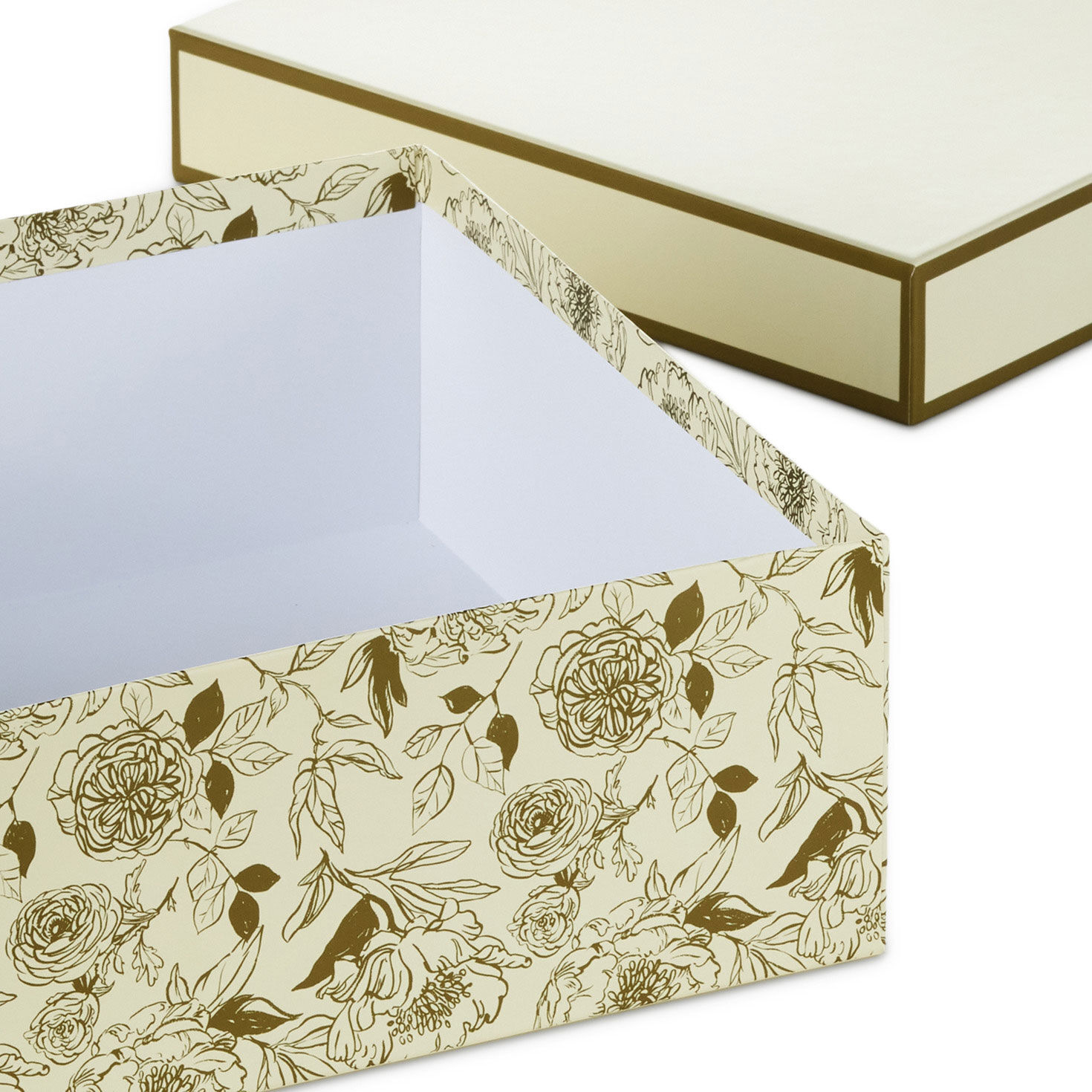 Gold Flowers on White Large Square Gift Box upclose view open image number 5