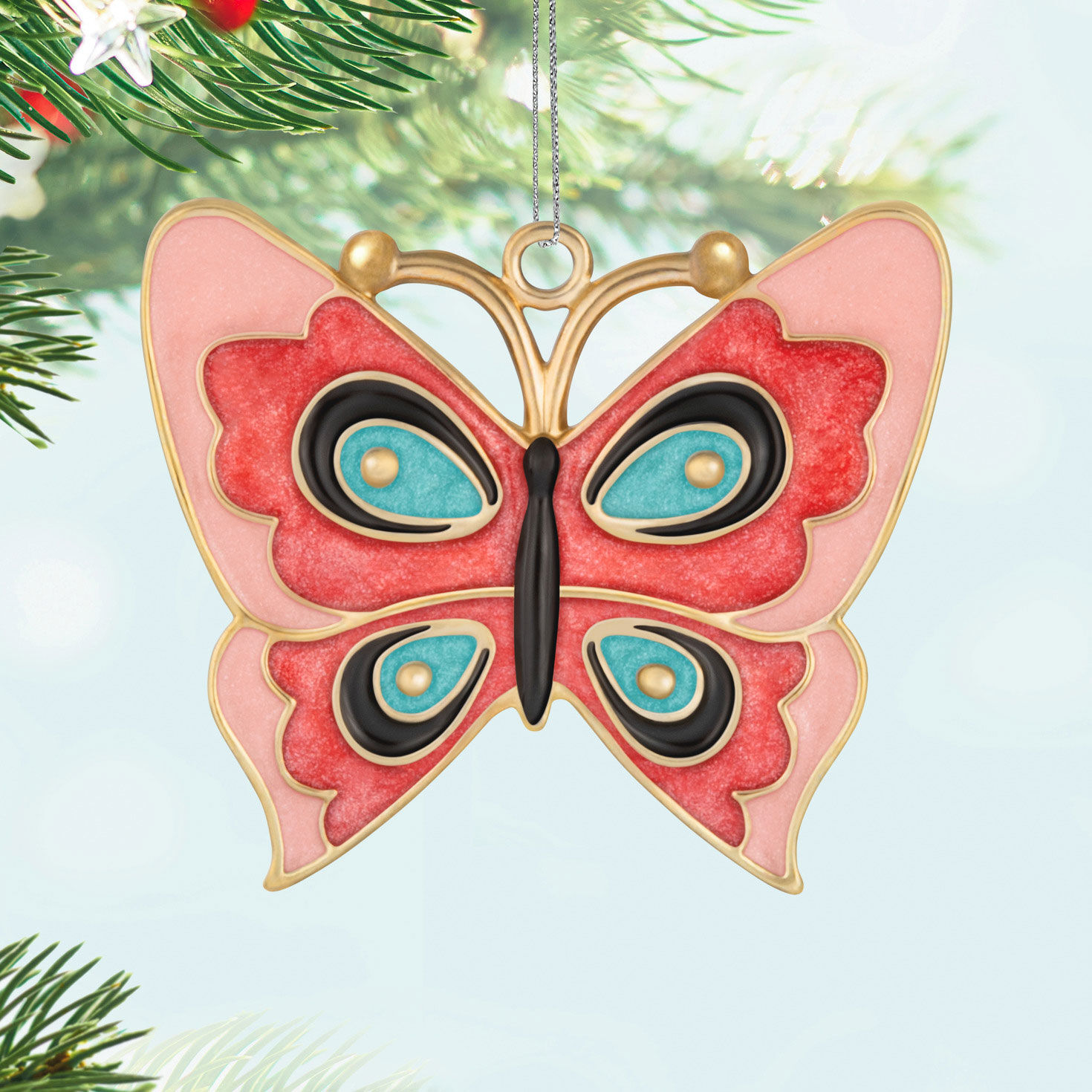 Pink and Blue Butterfly Keepsake Ornament Hanging on tree image number 2