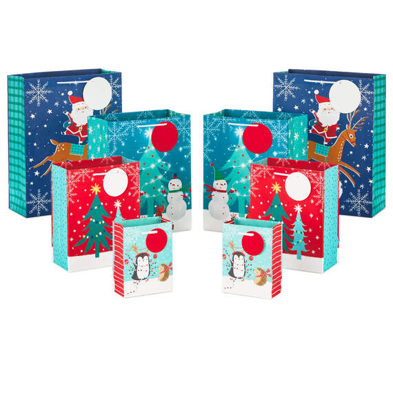 Assorted Snowy Fun 8-Pack Small, Medium, Large and XL Christmas Gift Bags