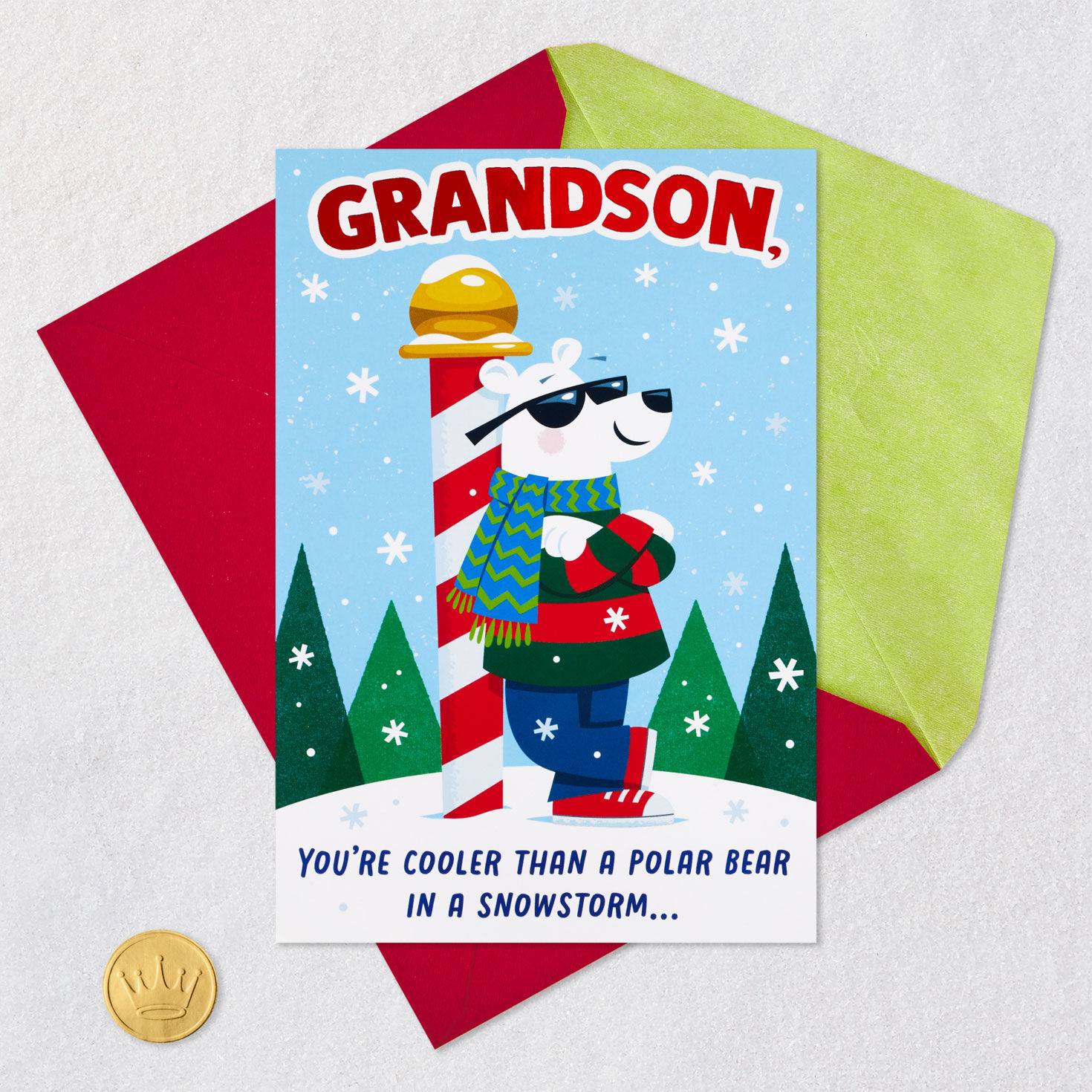 Cool Polar Bear Grandson Christmas Card Card Front with Envelope and Gold Seal image number 9
