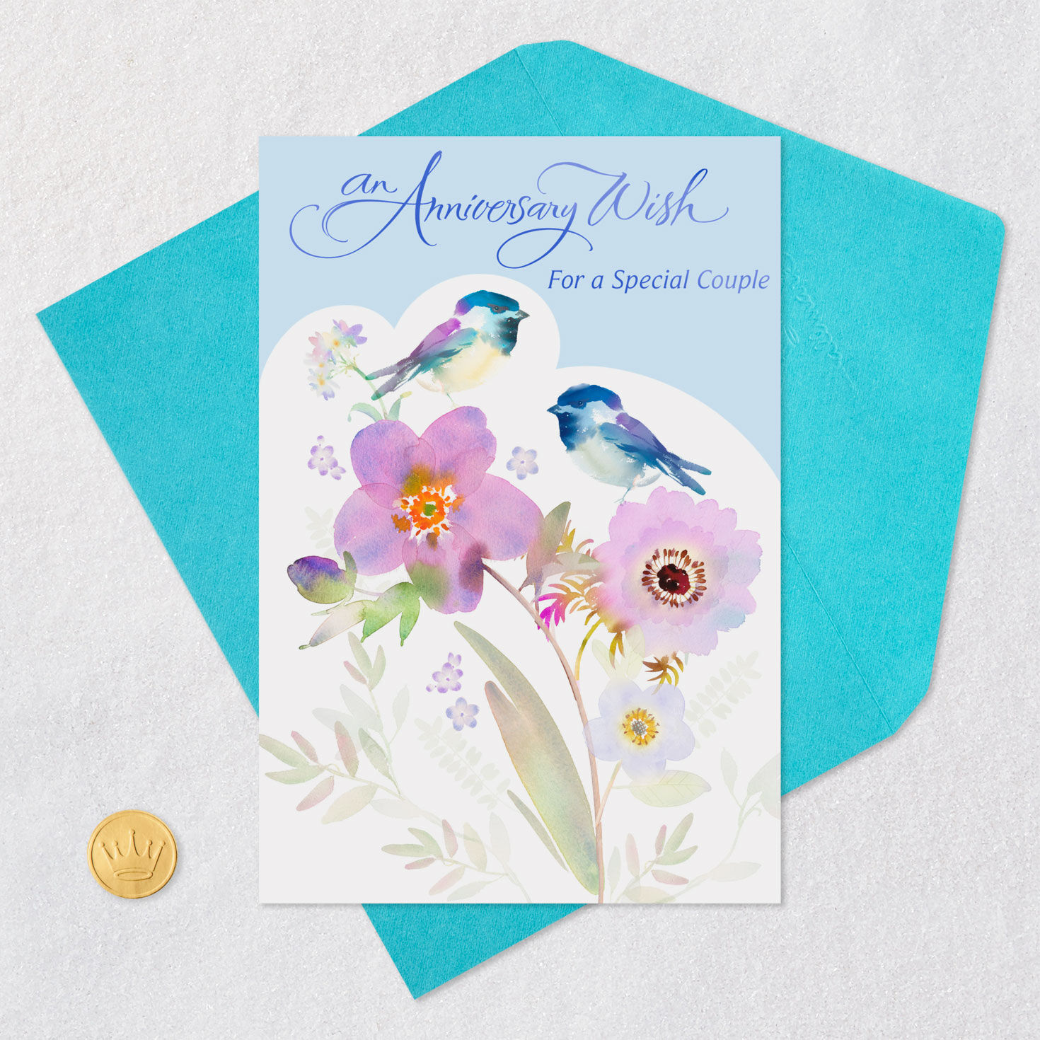 Birds and Flowers Anniversary Card for Couple Card Front with Envelope and Gold Seal image number 5