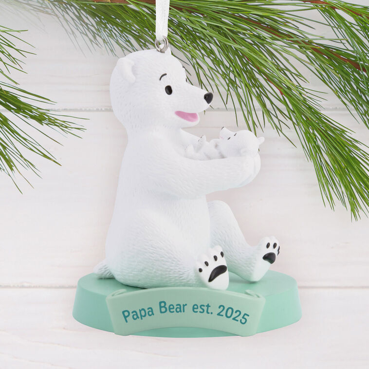Papa Bear New Dad 2025 Christmas Ornament Hanging on tree image number 2