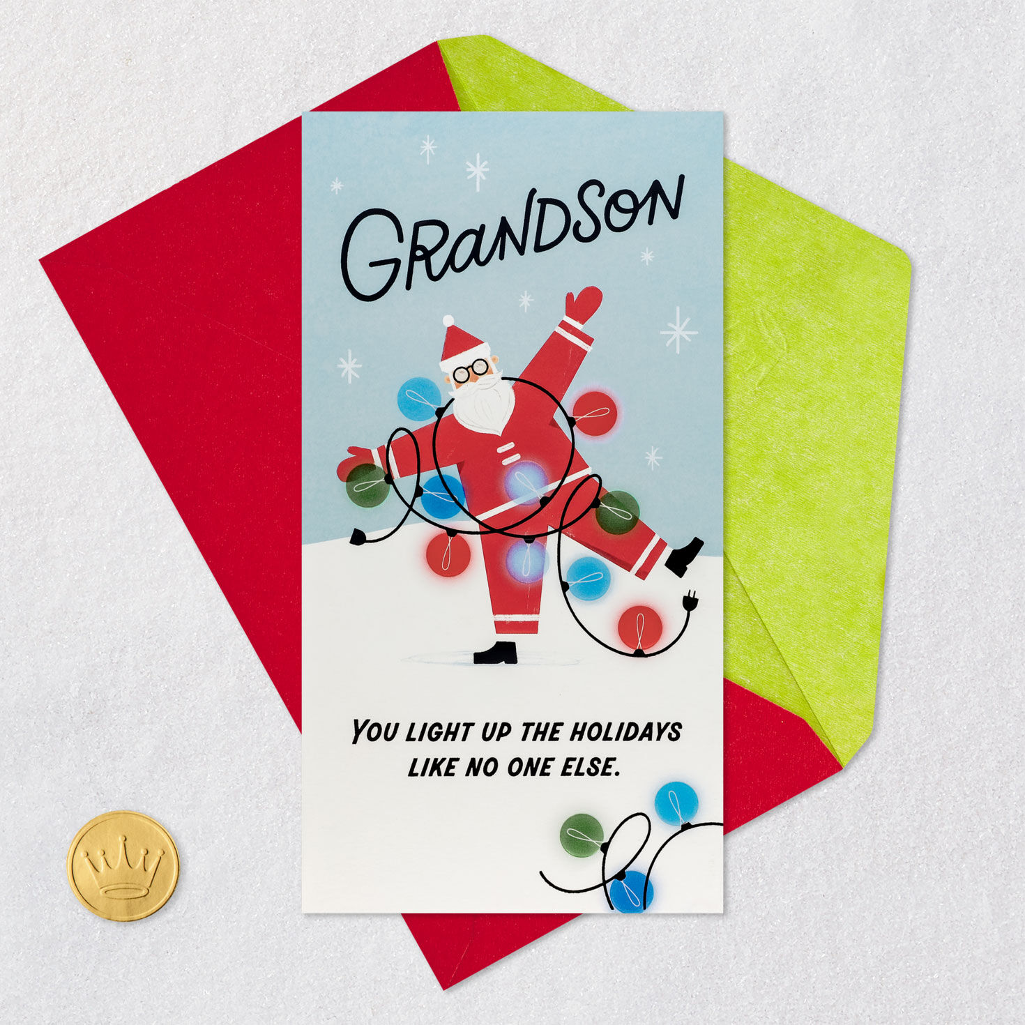 Santa Caught in Lights Christmas Card for Grandson Card Front with Envelope and Gold Seal image number 6