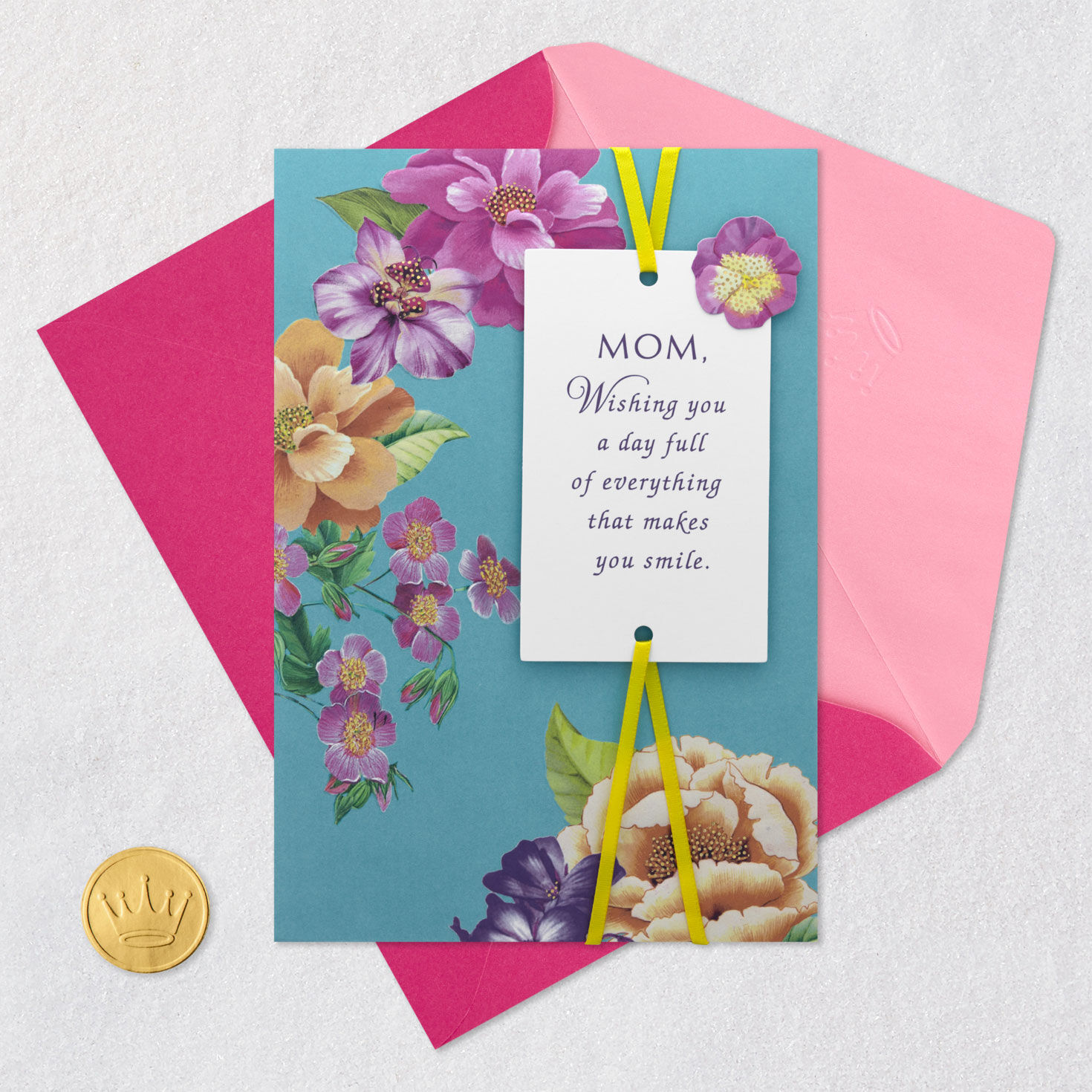 Tropical Flowers on Blue Mom Mother's Day Card Card Front with Envelope and Gold Seal image number 5