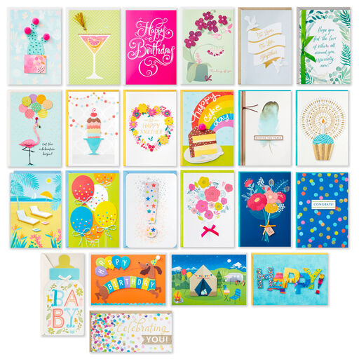 Assorted All-Occasion Greeting Cards in Pastel Watercolor Organizer, Box of 24, 