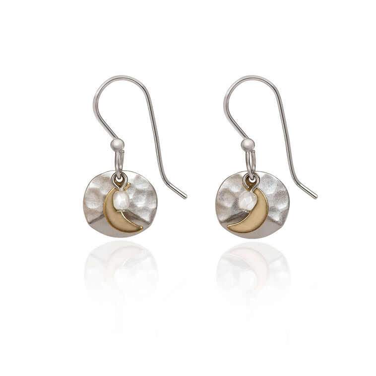 Silver Forest Crescent Moon on Hammered Disc Mixed Metal Drop Earrings