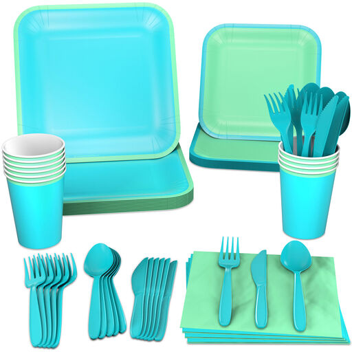Color Pop 96-Piece Tableware Basics Party Kit, Sea Green and Aqua, 
