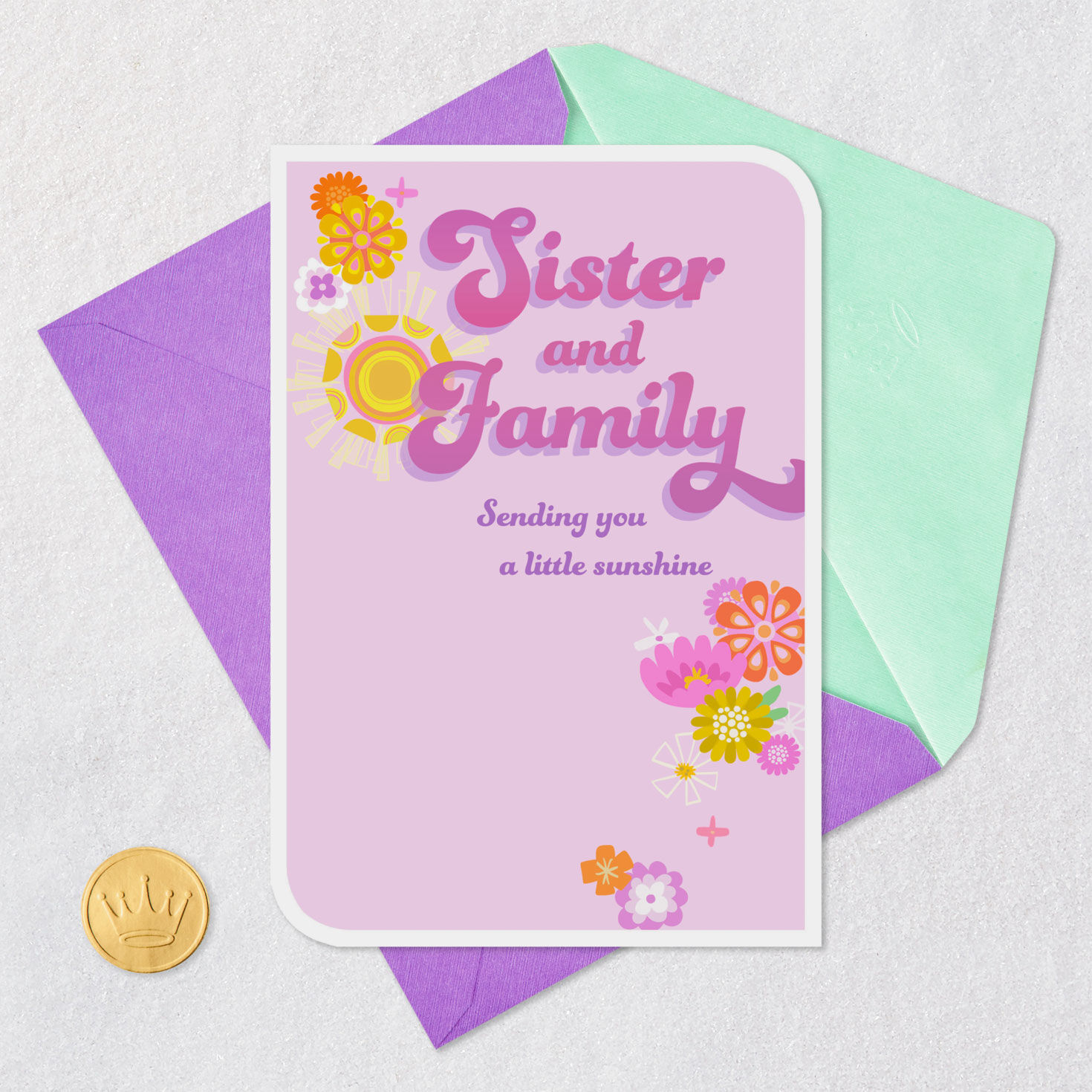 Sun with Flowers Easter Card for Sister and Family Card Front with Envelope and Gold Seal image number 5