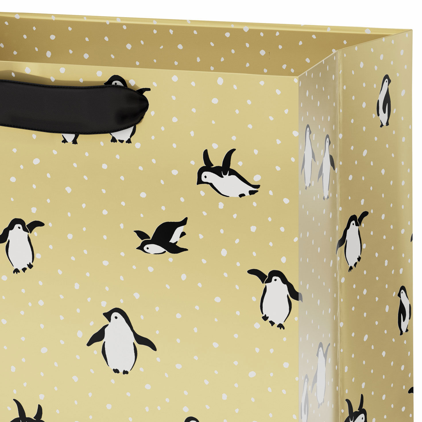 Penguins on Gold Medium Holiday Gift Bag Handle Detail image number 4