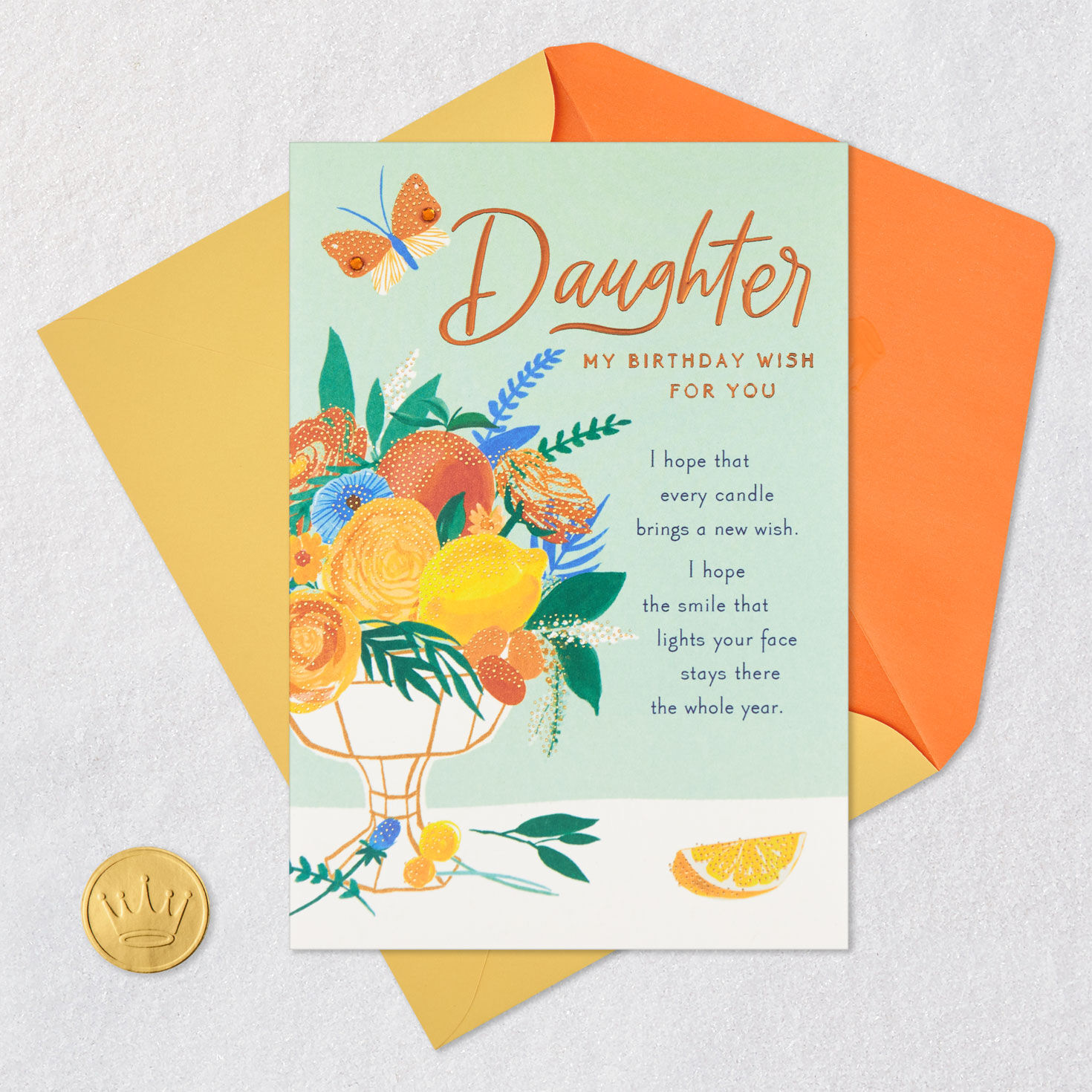 Butterfly and Flowers in Vase Daughter Birthday Card Card Front with Envelope and Gold Seal image number 6