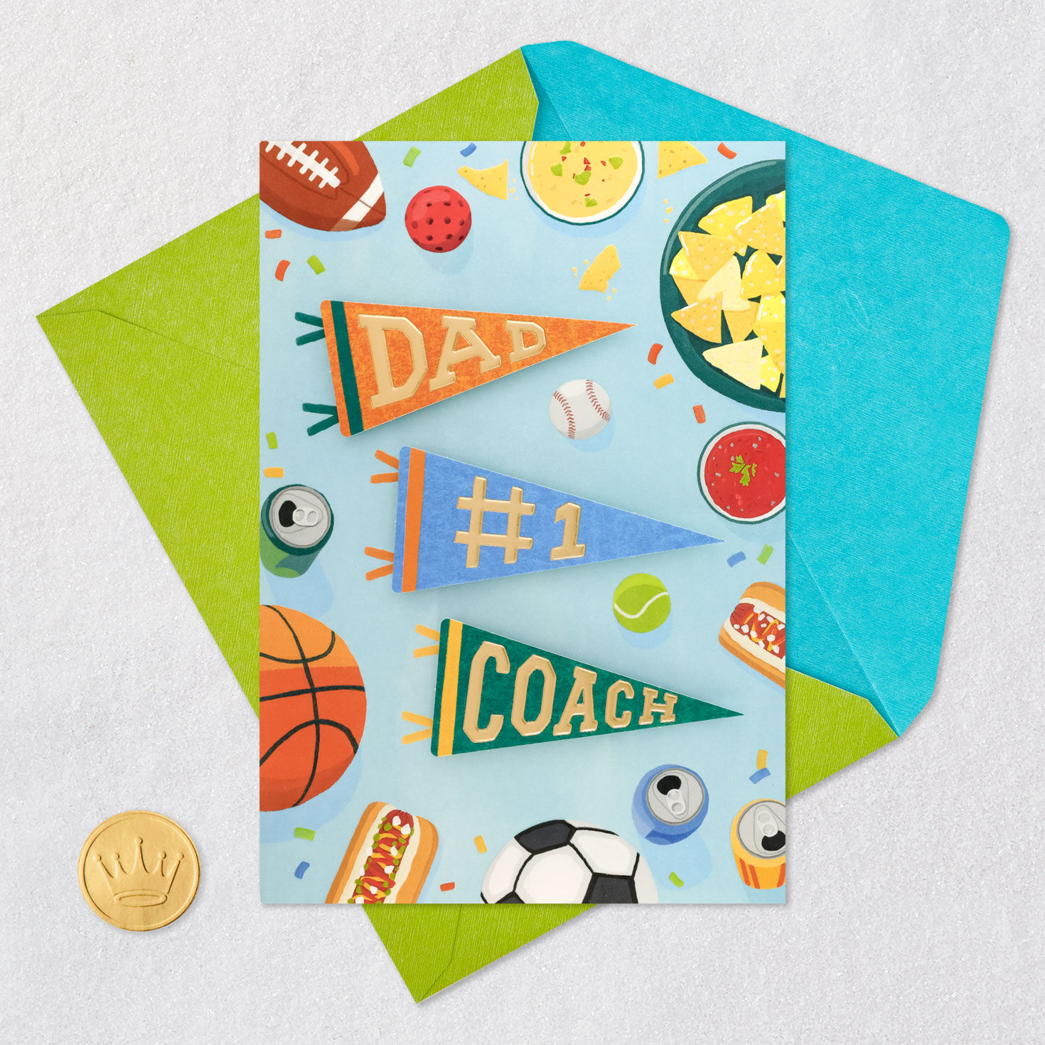Sports Banners, Balls and Food Dad Father's Day Card Card Front with Envelope and Gold Seal image number 6