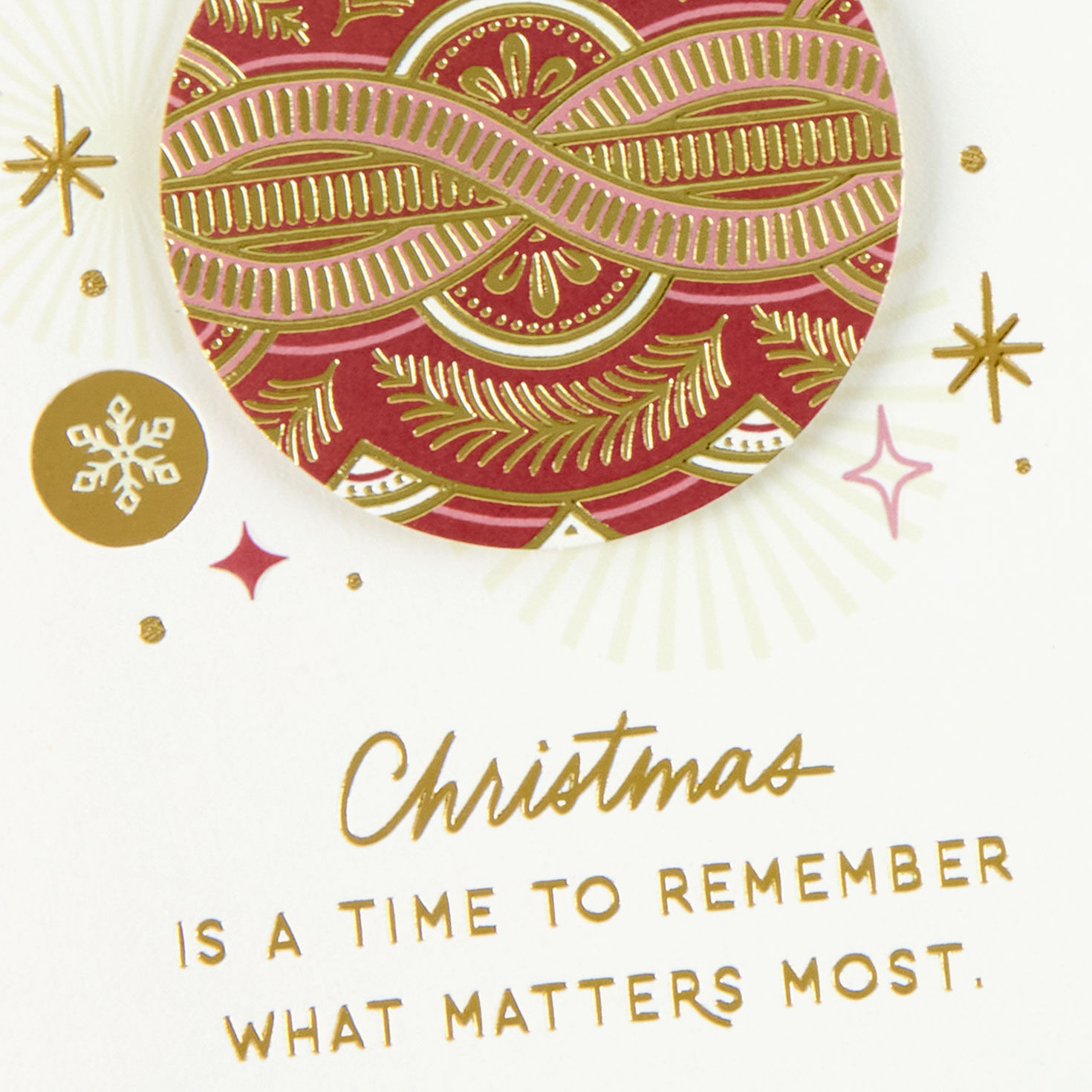 Ornate Red and Gold Ornament Christmas Card Caard Front Detail image number 6