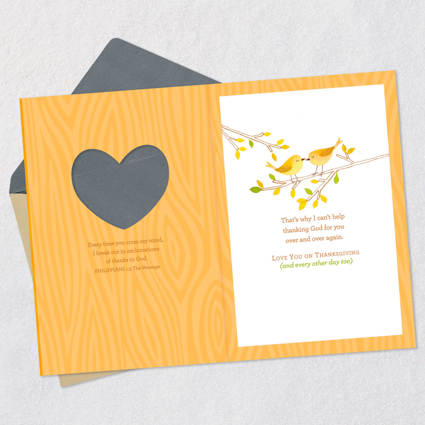 Yellow Love Birds Religious Romantic Thanksgiving Card Open card with envelope image number 4