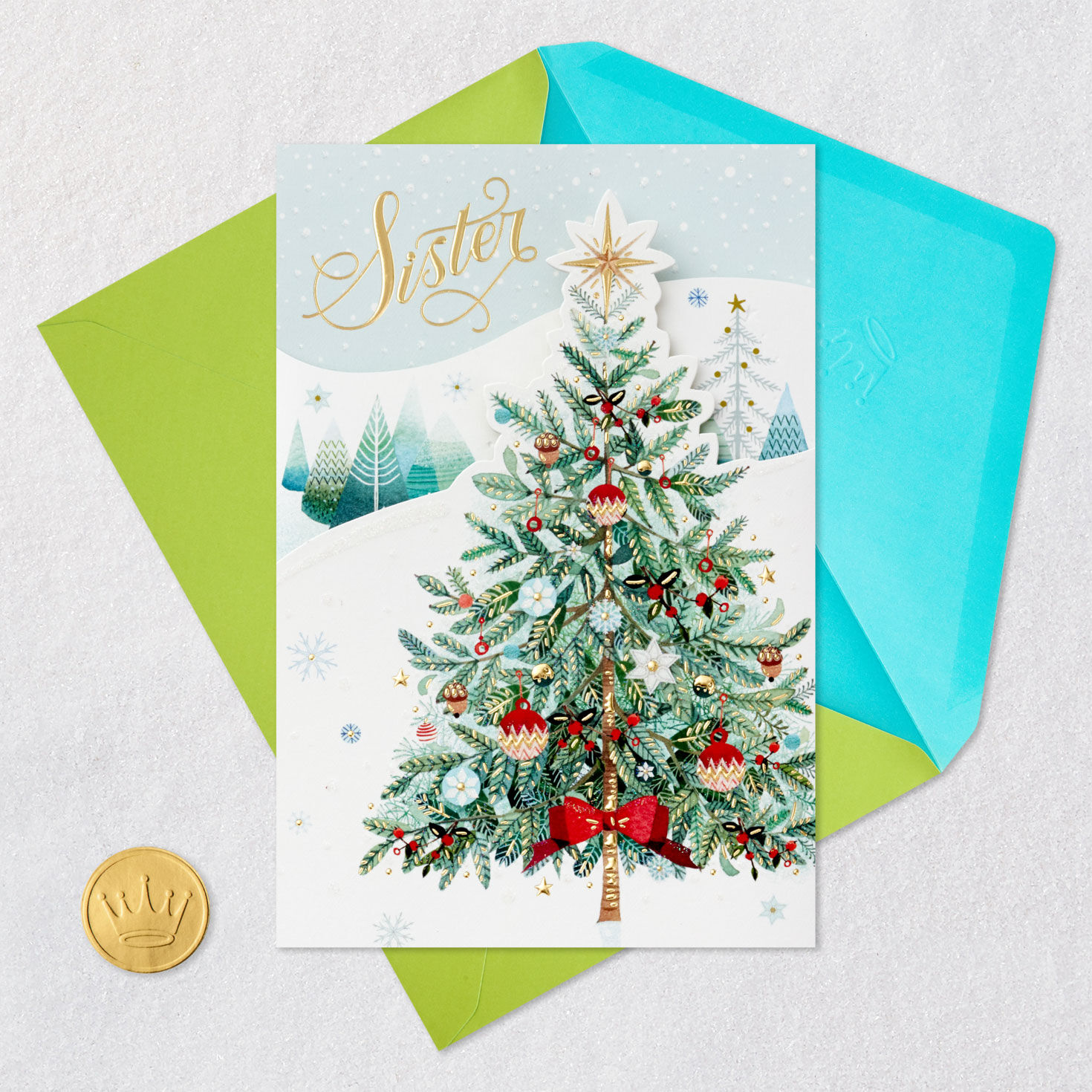 Decorated Tree in Snow Sister Christmas Card Card Front with Envelope and Gold Seal image number 8