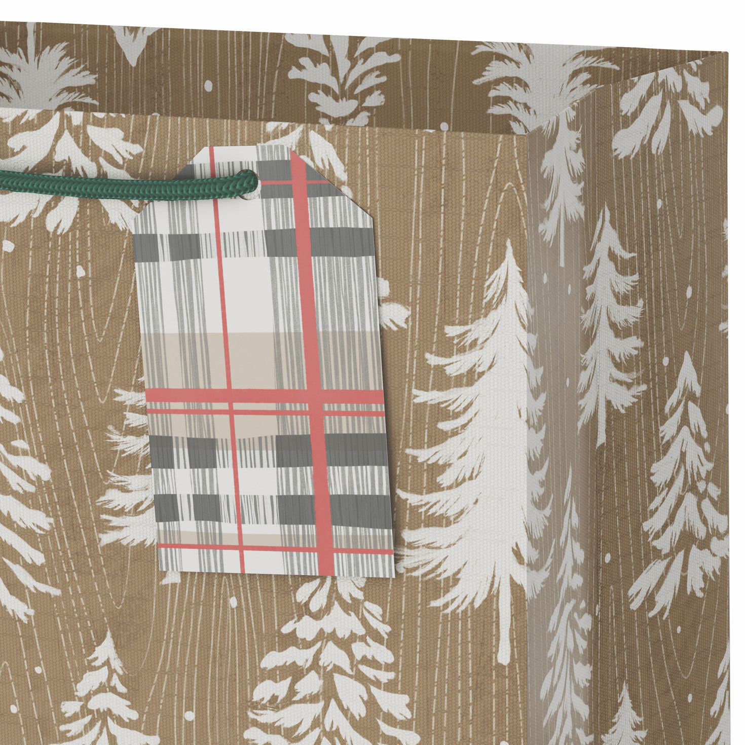 White Trees on Kraft Medium Holiday Gift Bag Handle Detail image number 4