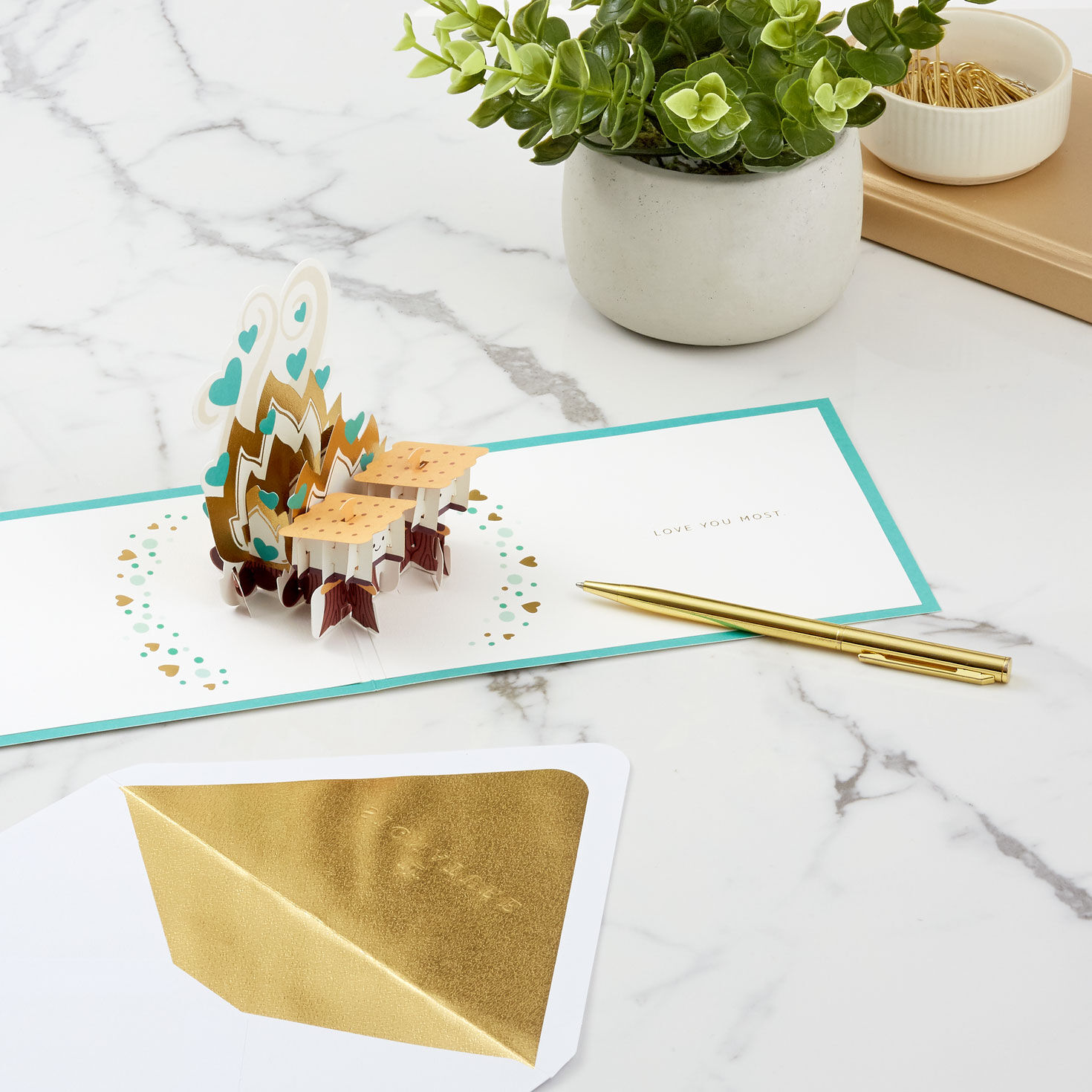 S'mores and Fire Pop-Up Signature Love Card Open Card and Envelope with pen image number 8