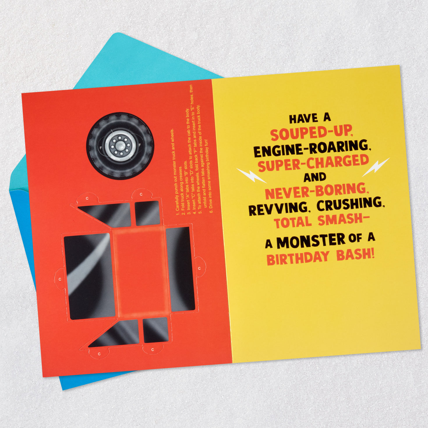 Monster Truck Kids Birthday Card With Papercraft Activity Open card with envelope image number 4