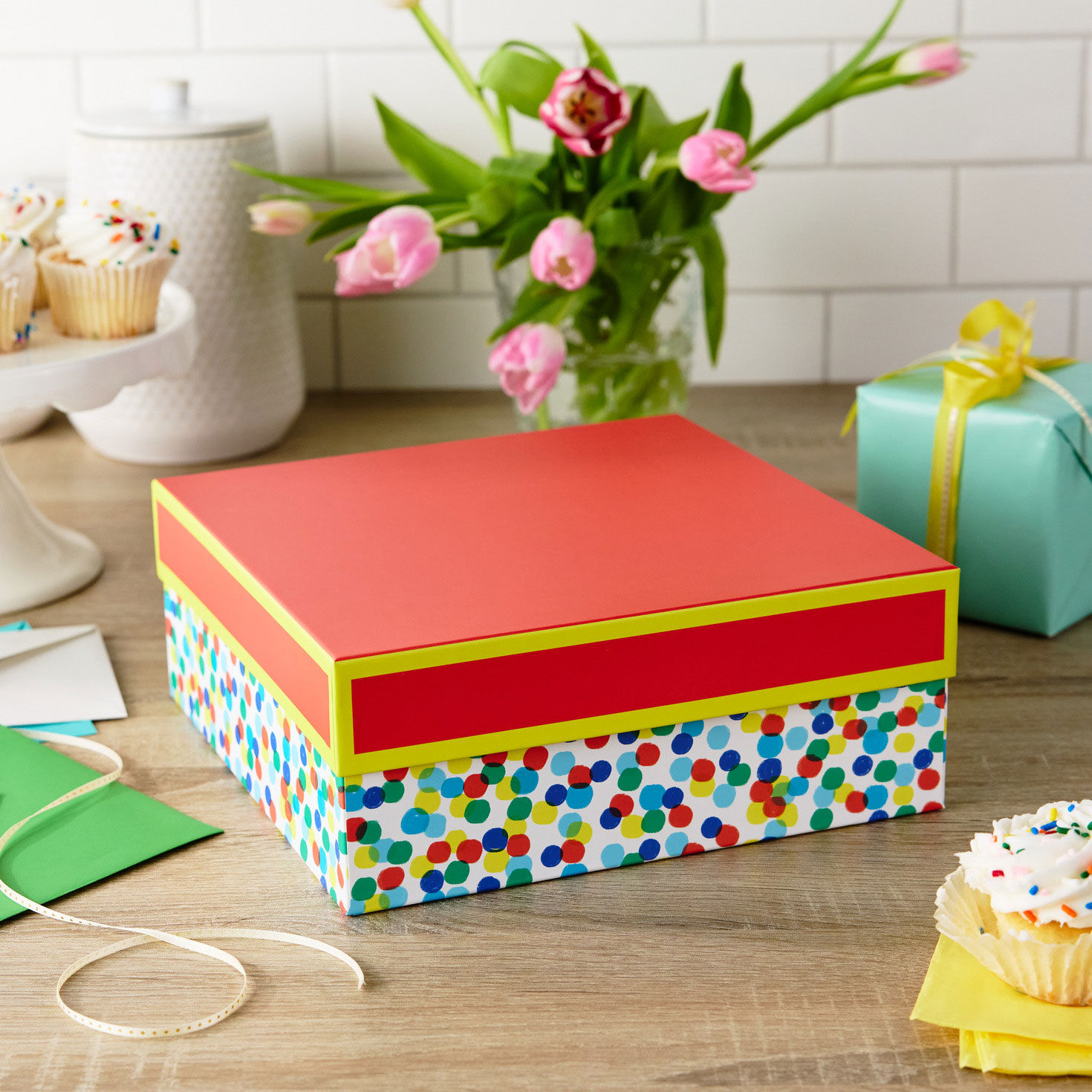 Large Square Red Gift Box With Colorful Dots Design in use image number 2