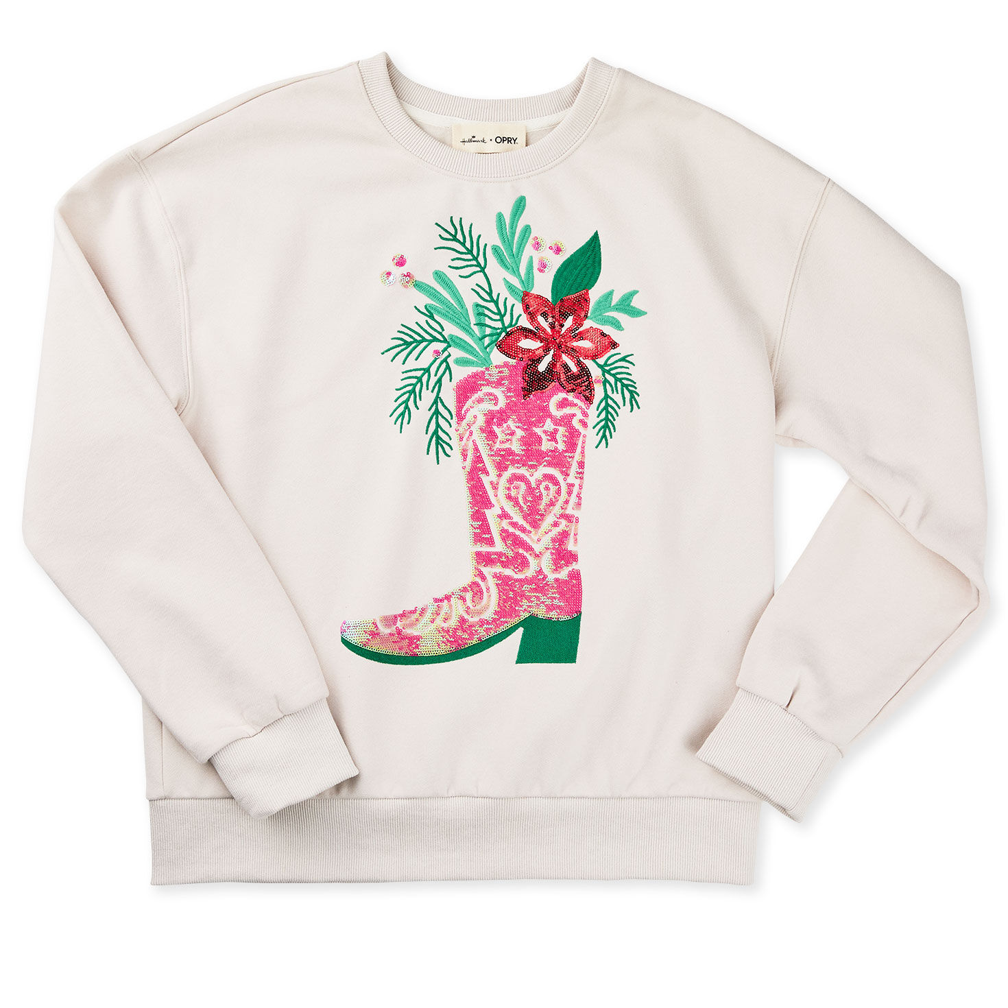 Hallmark x Opry® Sequin Boot Bouquet Women's Cream Fleece Sweatshirt