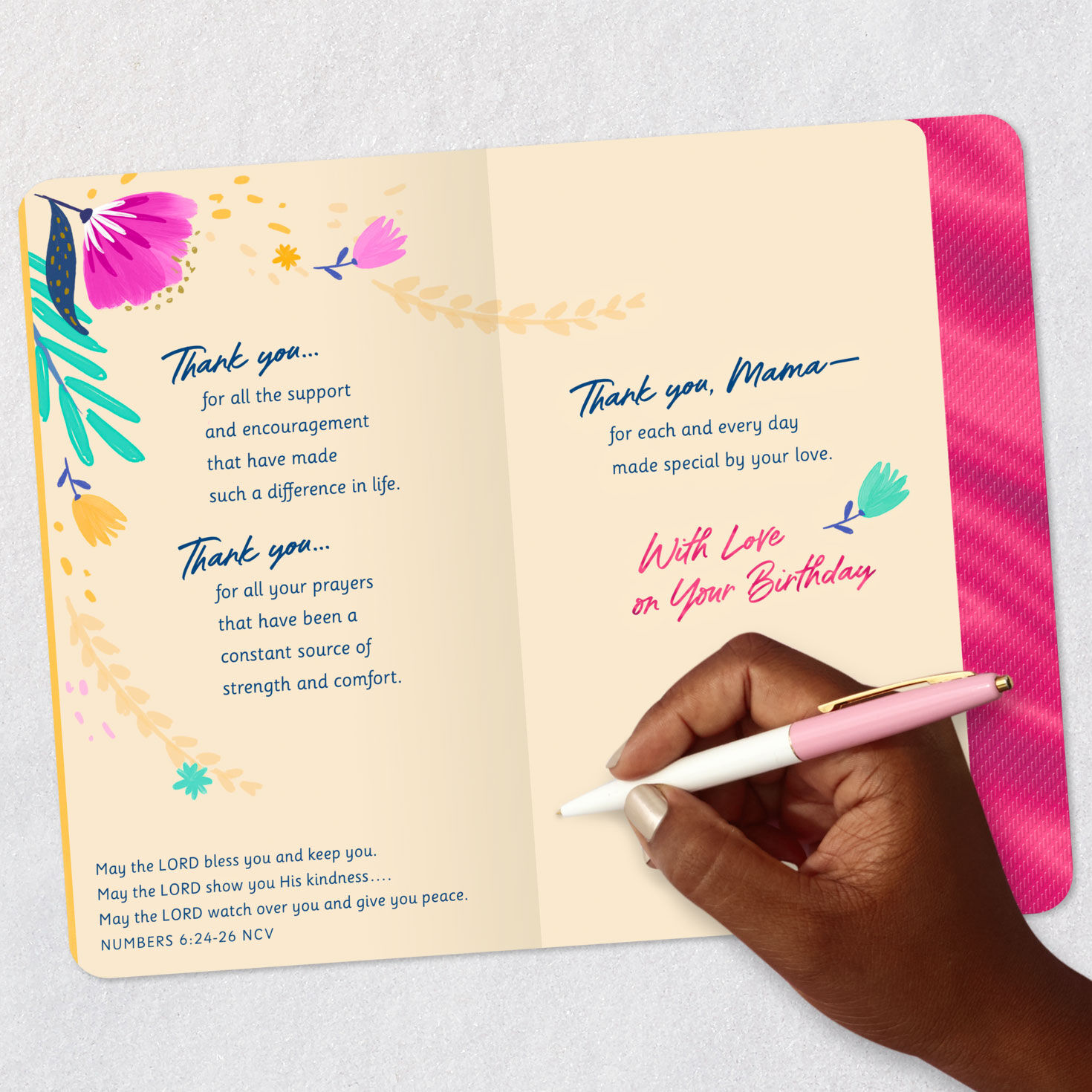 Pink and Blue Flowers on Yellow Birthday Card for Mama  image number 8