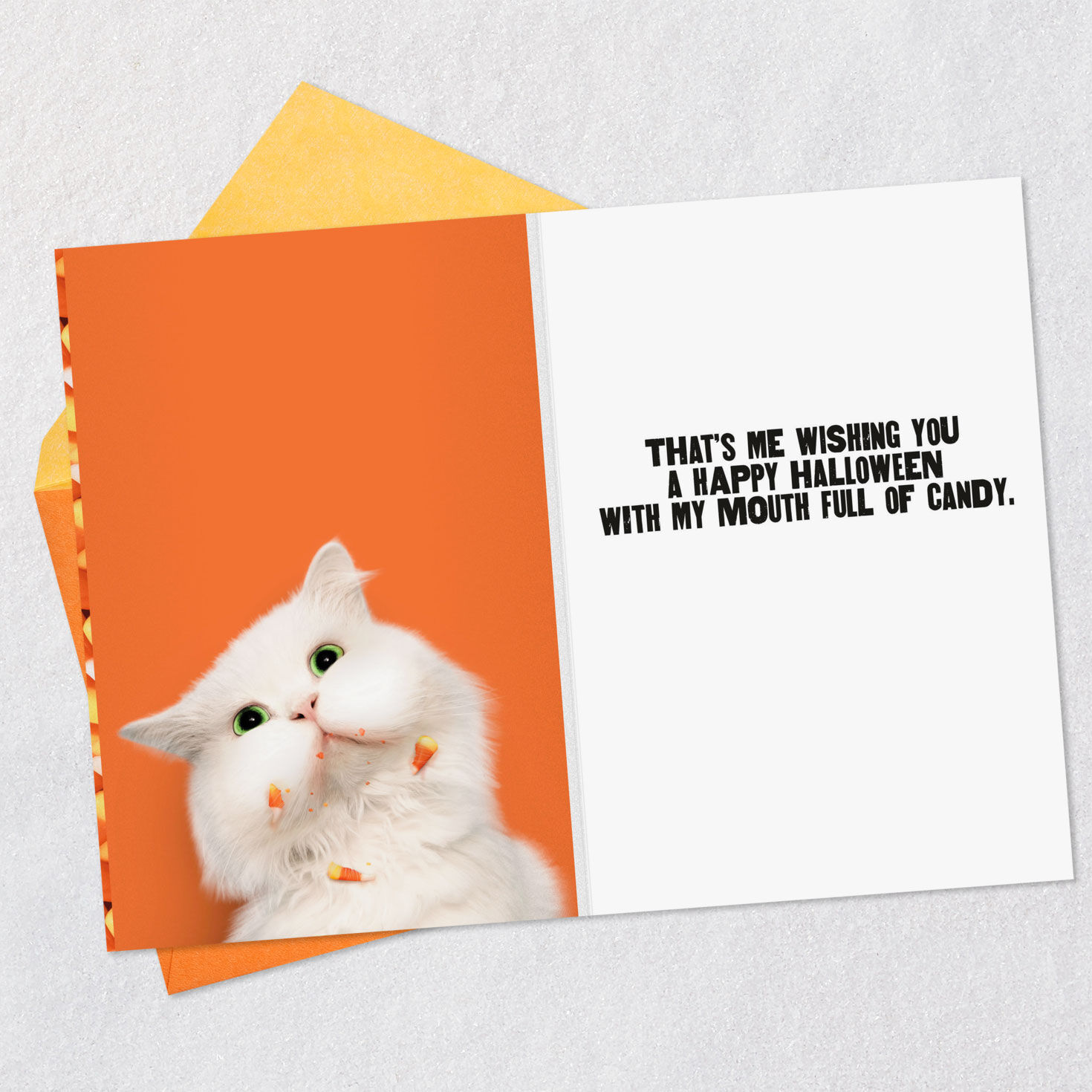 Candy Corn and Cat Funny Halloween Card Open card with envelope image number 3