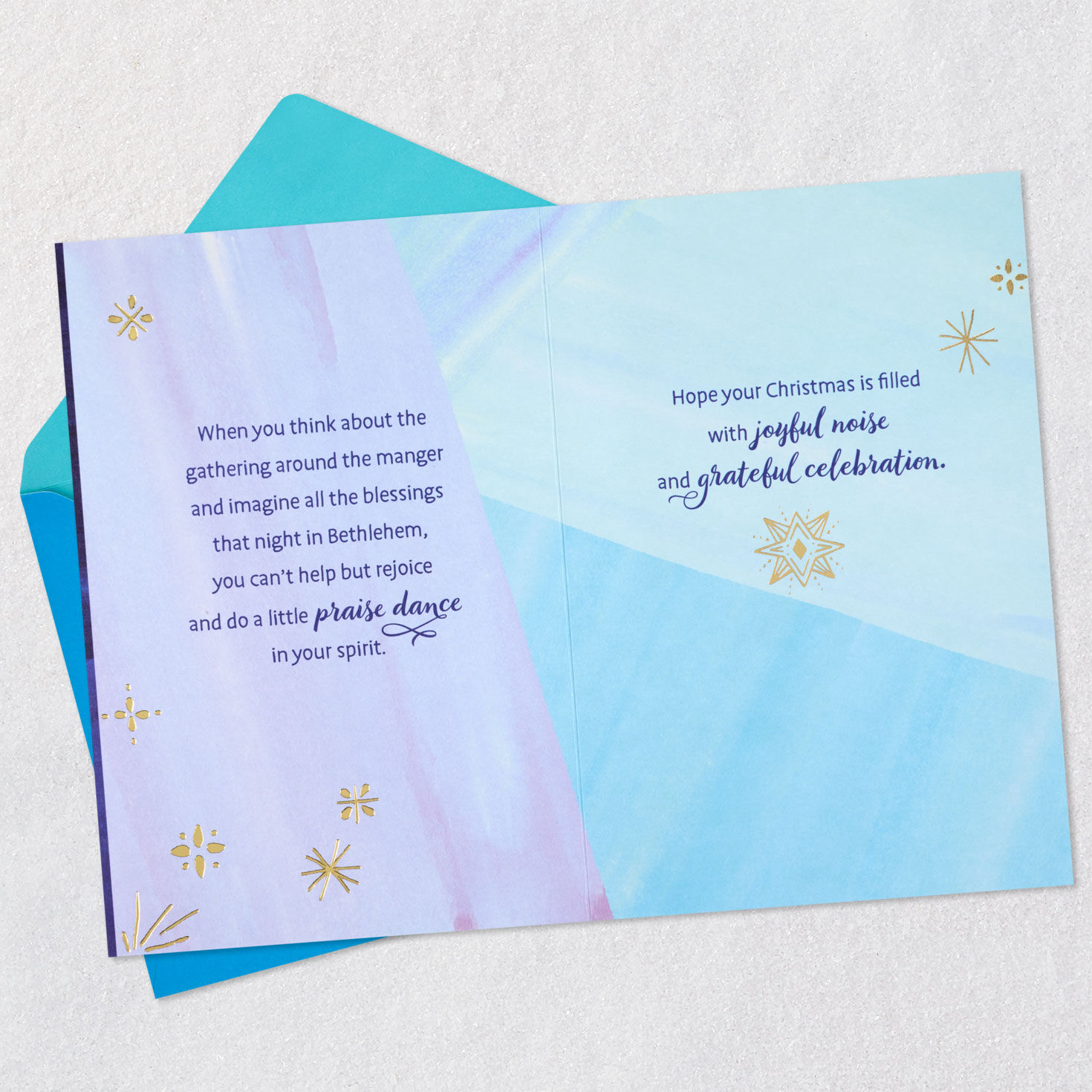 Blue and Gold Star Religious Christmas Card Open card with envelope image number 4