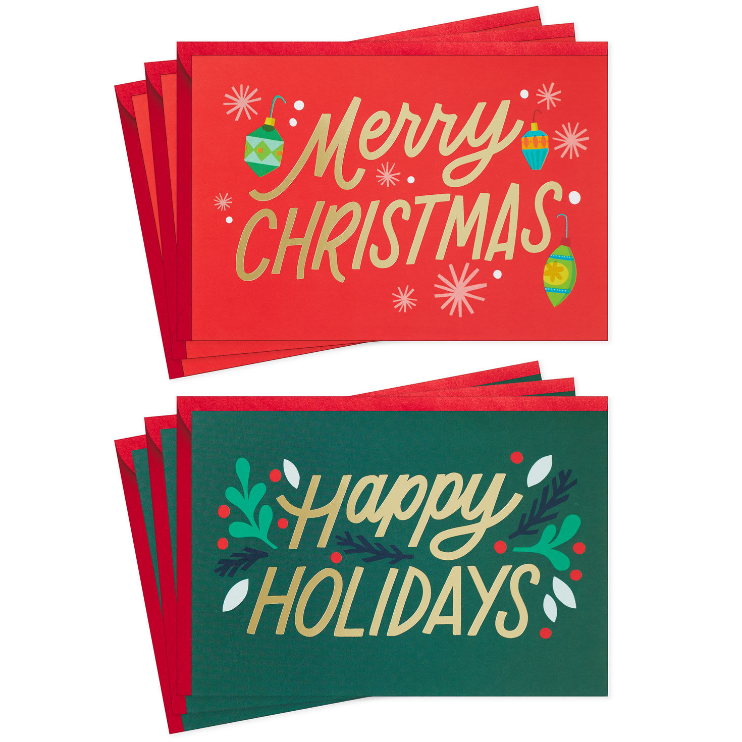 Red, Green and Gold Assorted Christmas Cards, Pack of 6