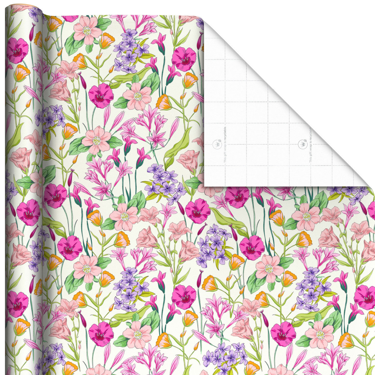 Spring Flowers on White Wrapping Paper Roll, 20 sq. ft.
