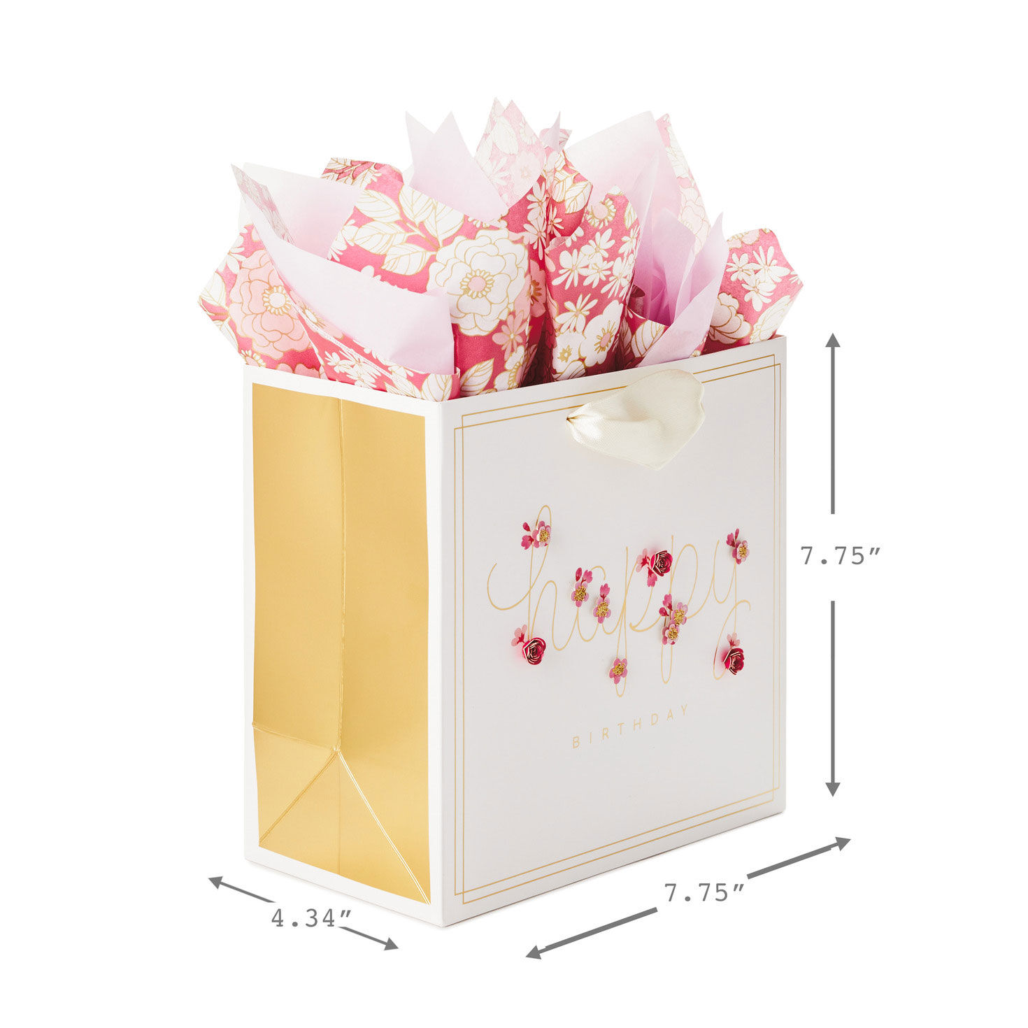 Medium Square Happy Birthday Gift Bag With 3D Flowers measurement image number 3