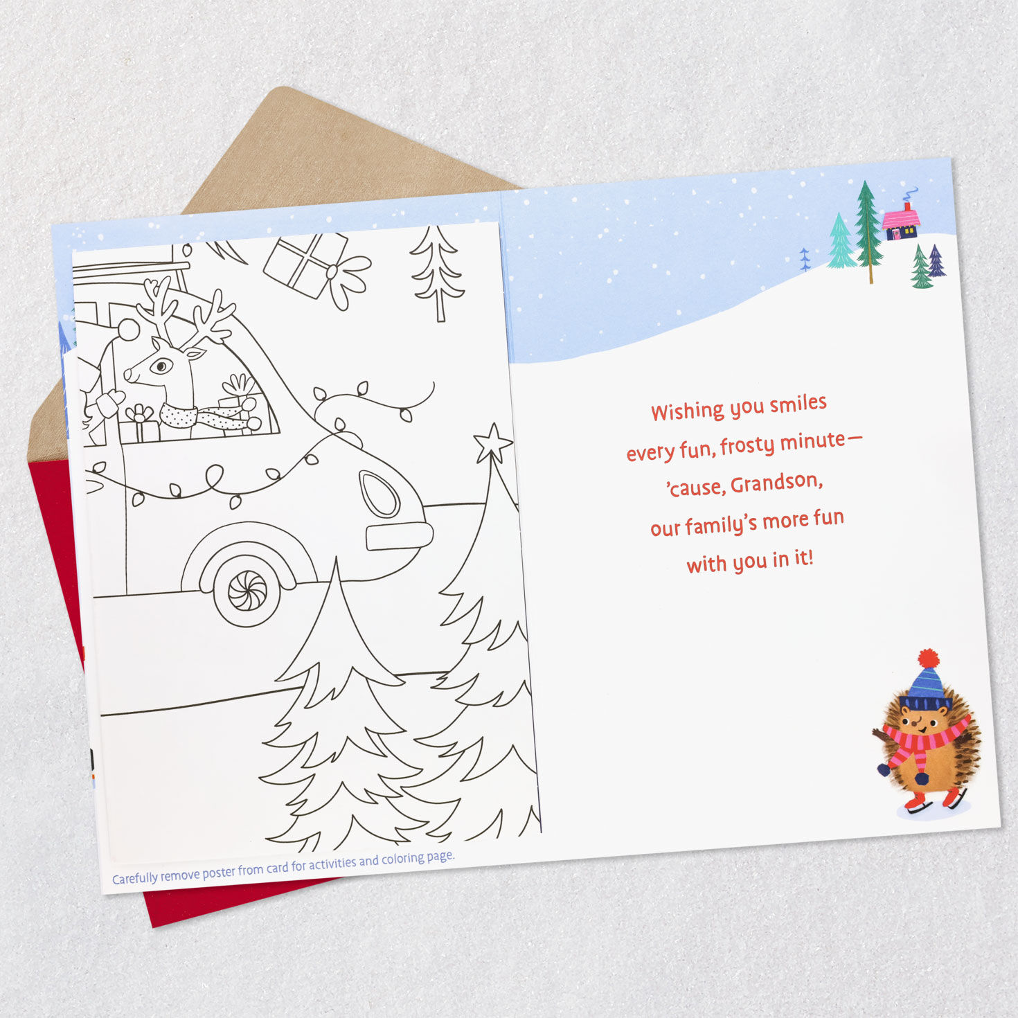 Snowy Winter Scene Christmas Card for Grandson Open card with envelope image number 3
