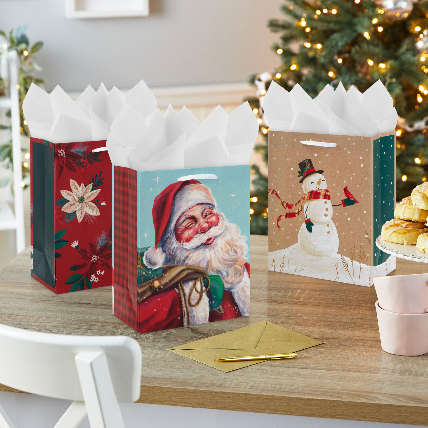 Santa, Snowman, Poinsettias Medium Gift Bag Bundle in use image number 2