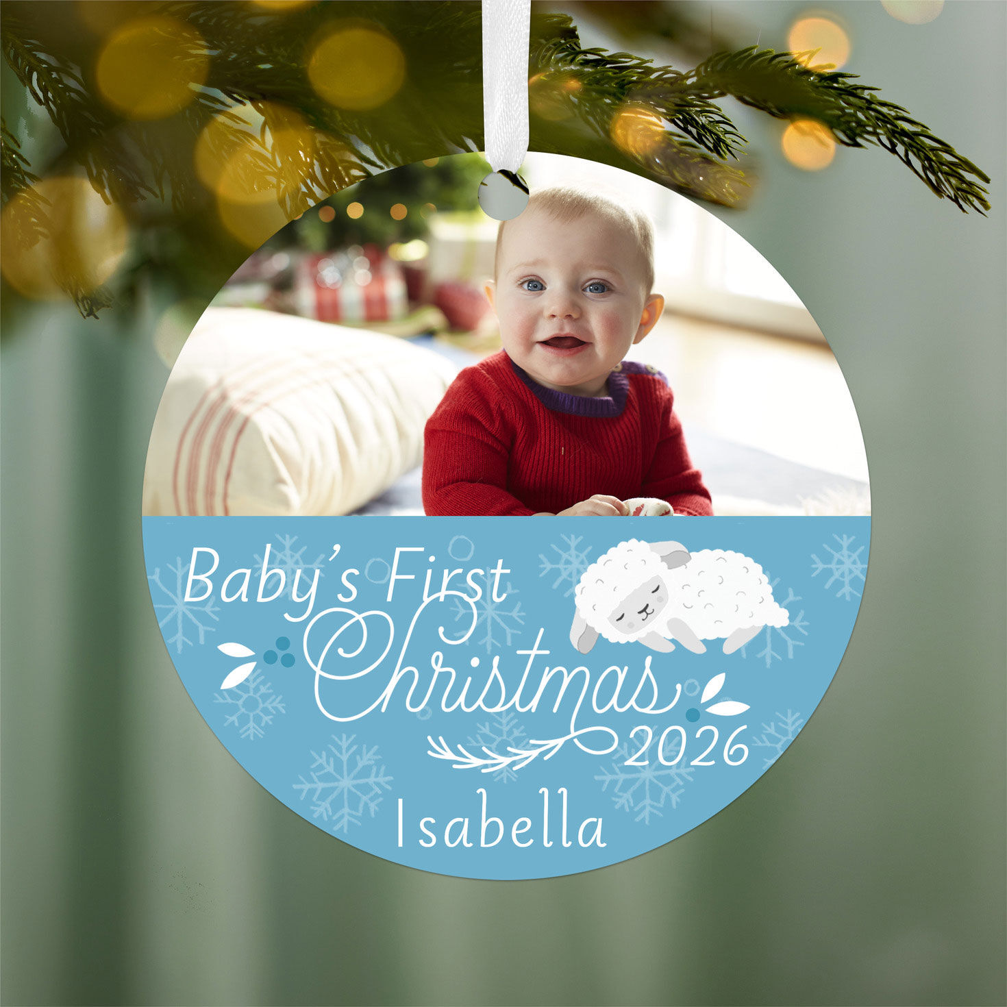 Round Baby's 1st Personalized Ornament hanging on tree image number 2