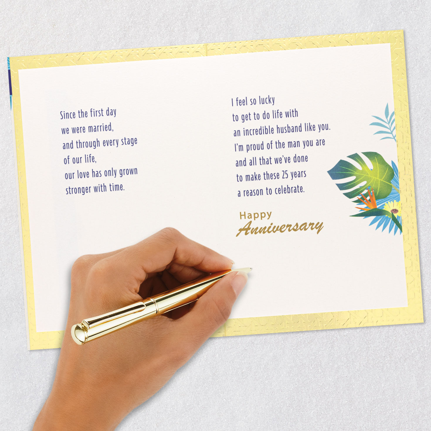 Tropical Leaves with Blue Lettering Anniversary Card for Him Signing card image number 7