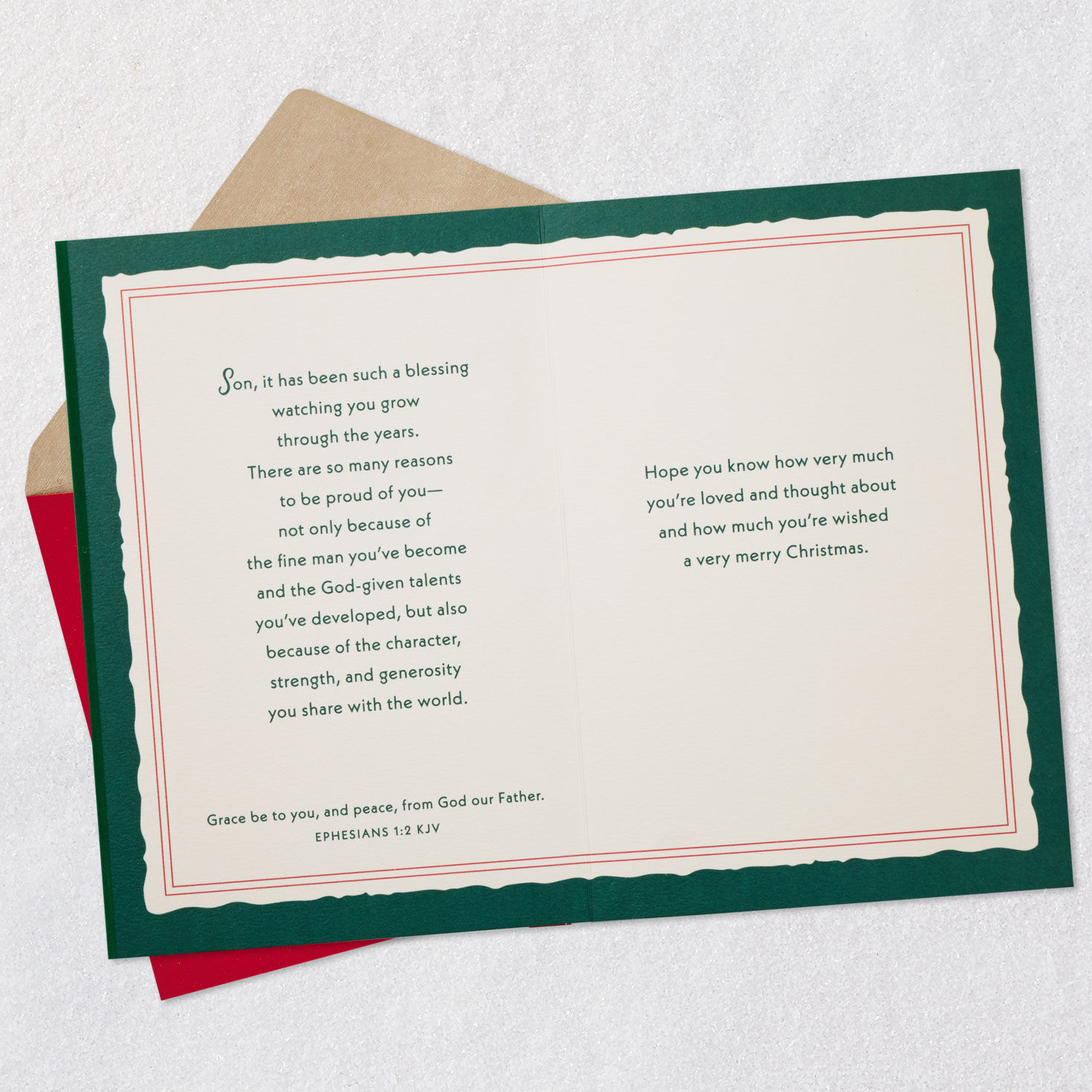 Gold Pine on Green Son Religious Christmas Card Open card with envelope image number 4