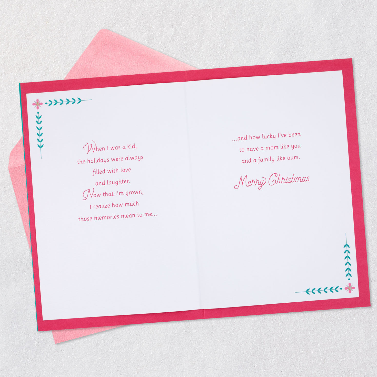 Pink and Teal Ornament Mom Christmas Card Open card with envelope image number 4